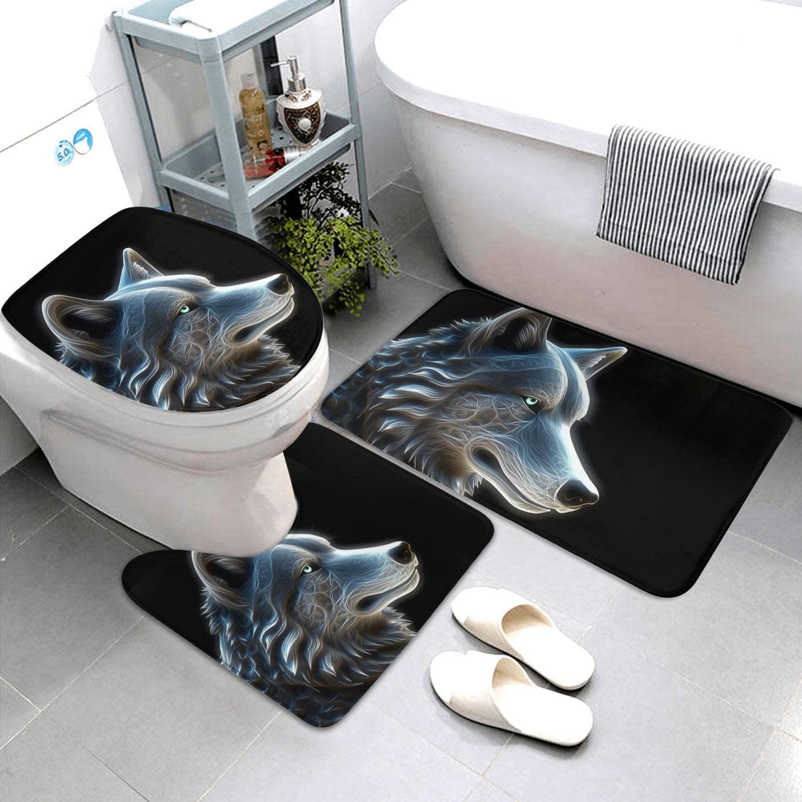 Lot de 3 tapis de salle de bain super absorbants antidérapants avec tapis WC loup 3D