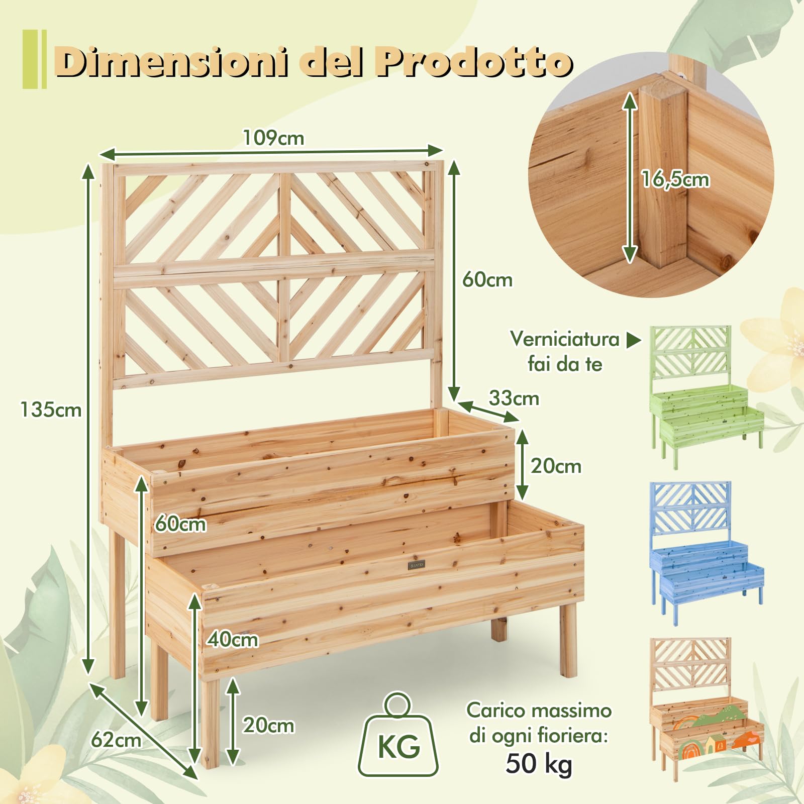 RELAX4LIFE Fioriera da Esterno in Legno a 2 Livelli con Grigliato e Fori di Drenaggio, Orto Rialzato per Balcone e Giardino, per Piante Rampicanti, Fiori e Verdure, 109×62×135cm (Naturale)