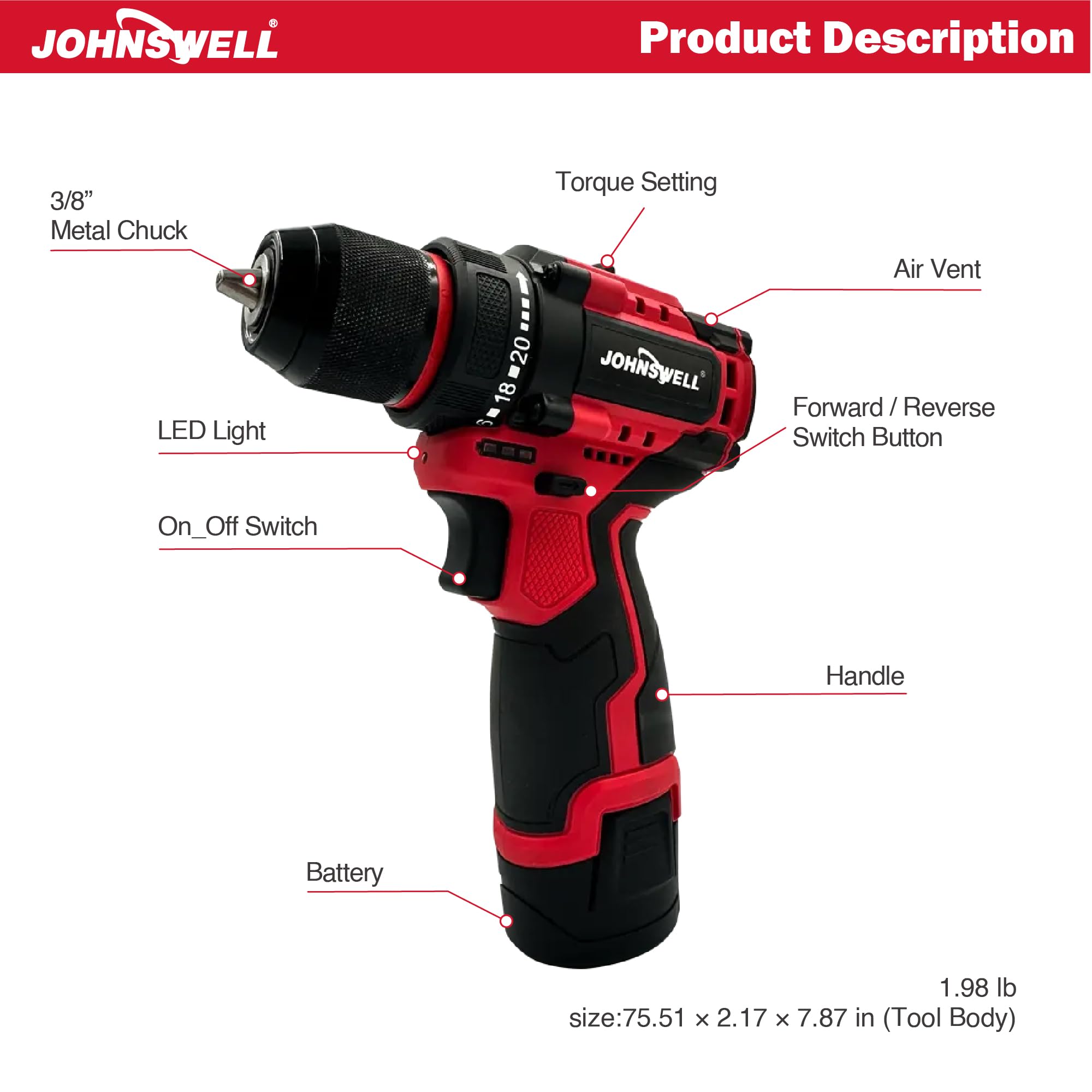 JOHNSWELL 12V Brushless Drill & Impact Combo Kit -5 JOHNSWELL 12V Brushless Drill & Impact Combo Kit -5