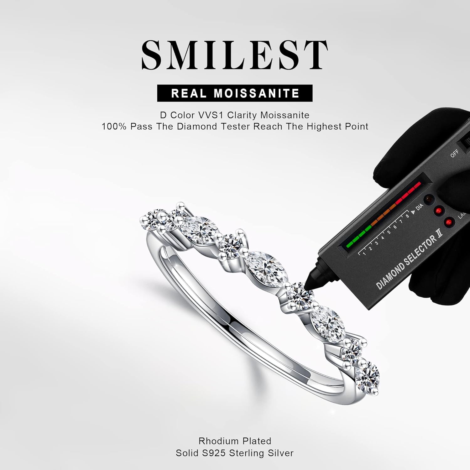 SMILEST 2MM Moissanite Marquise and Round Wedding Band for Women, Lab Created Moissanite Rings 925 Sterling Silver Half Eternity Ring