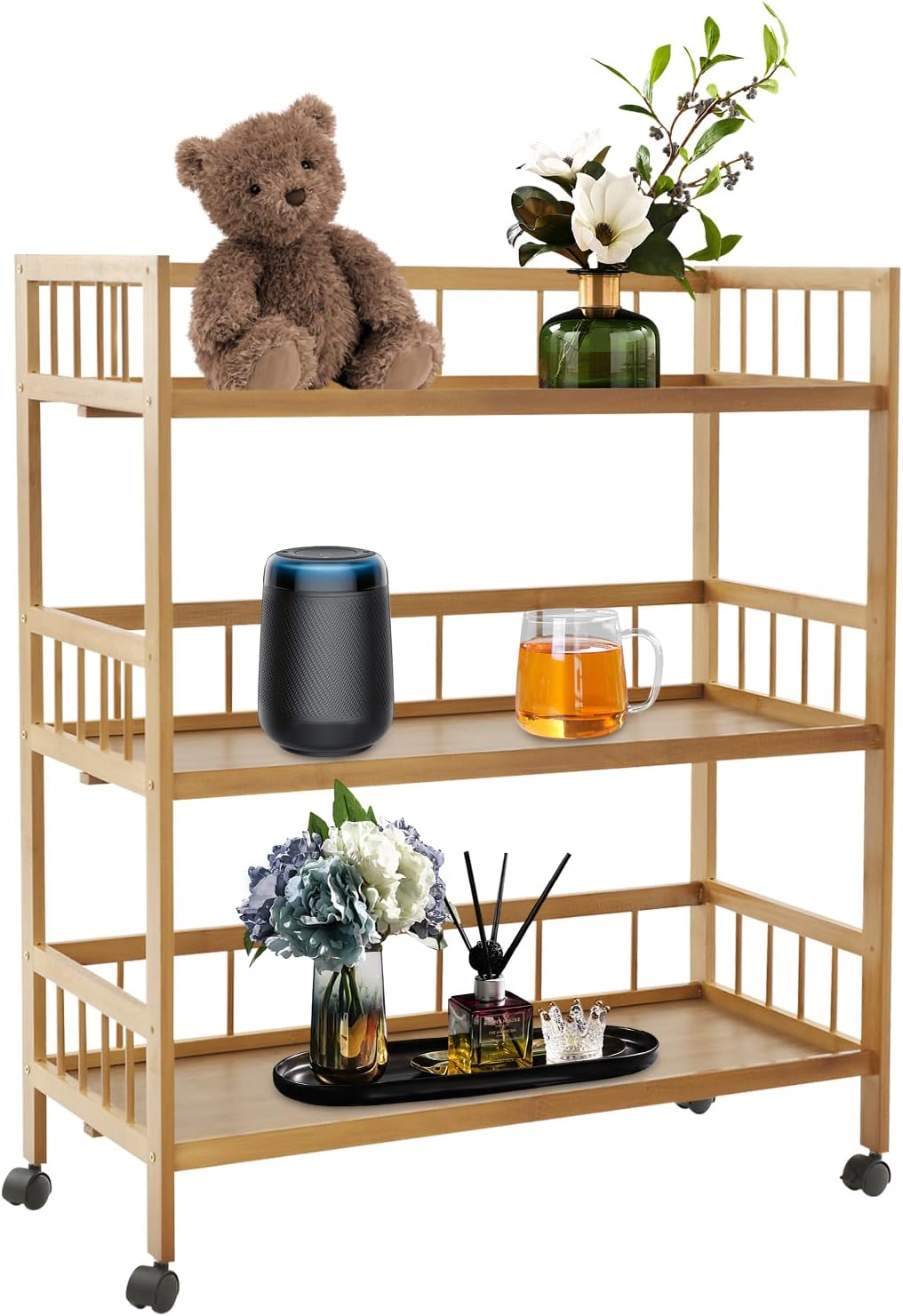 3-Tier Bamboo Rolling Cart, Kitchen Serving Cart, Storage Rack Utility Mobile Trolley with 4 Wheels for Home Bar Living Dining Room (27.5x11.8x32.3in)