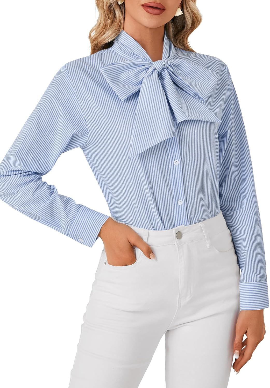 LYANER Women's Striped Button Down Shirts Vintage Bow Tie Collar Long Sleeve Elegant Blouse Tops Blue X-Small - Image 4