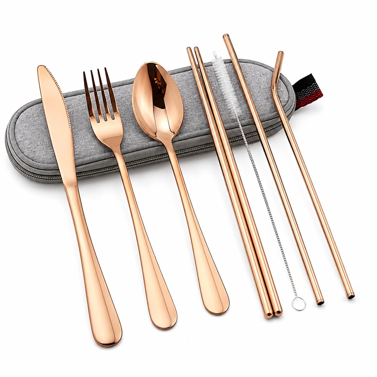 Portable Utensils Flatware Set, Travel Camping Cutlery Set, 8-Piece Including Knife Fork Spoon Chopsticks Cleaning Brush Straws Portable Pouch, 304 Stainless Steel (Rose Gold)