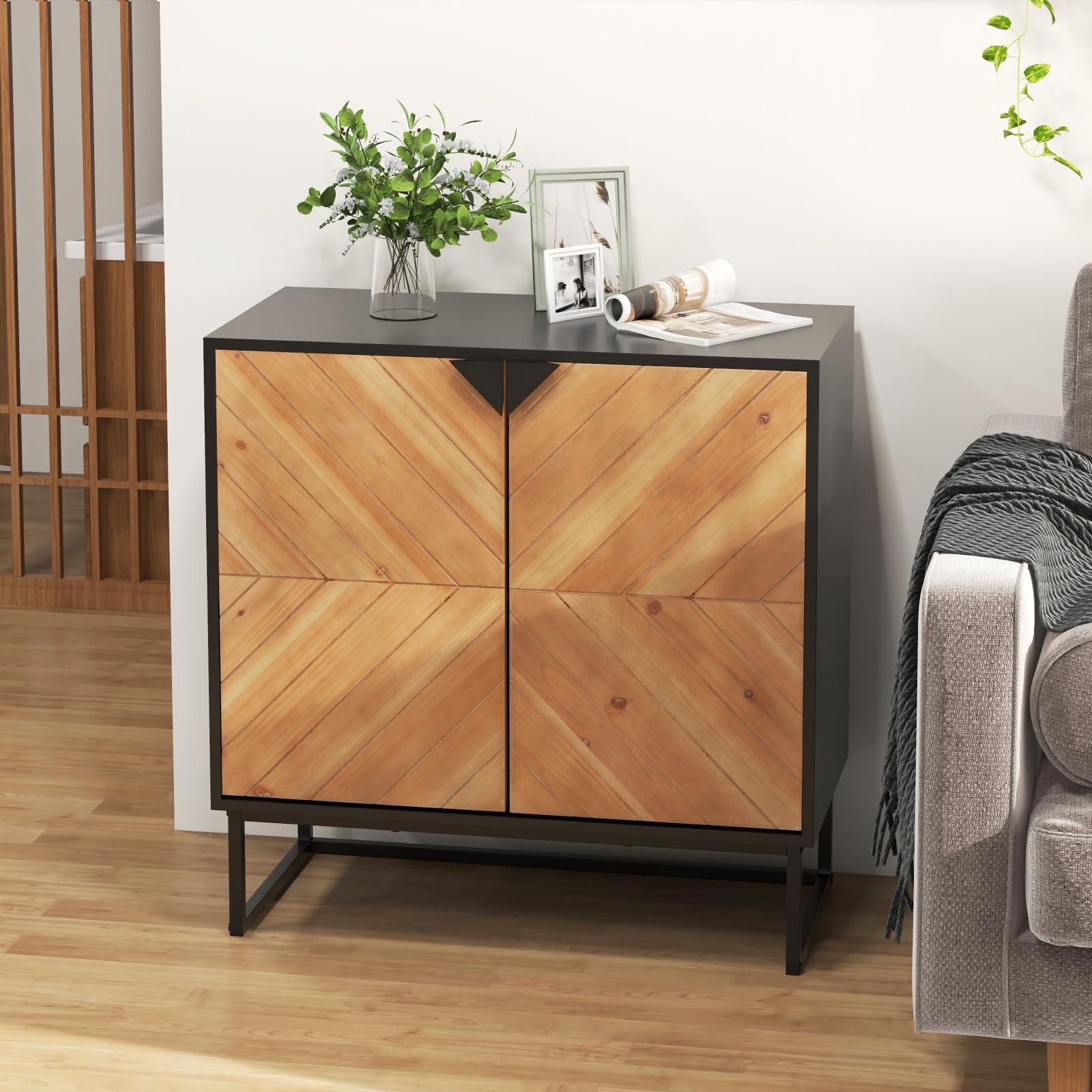 COSTWAY Buffet Bas Moderne avec 2 Portes, Étagère et Pieds en Métal (Noir)