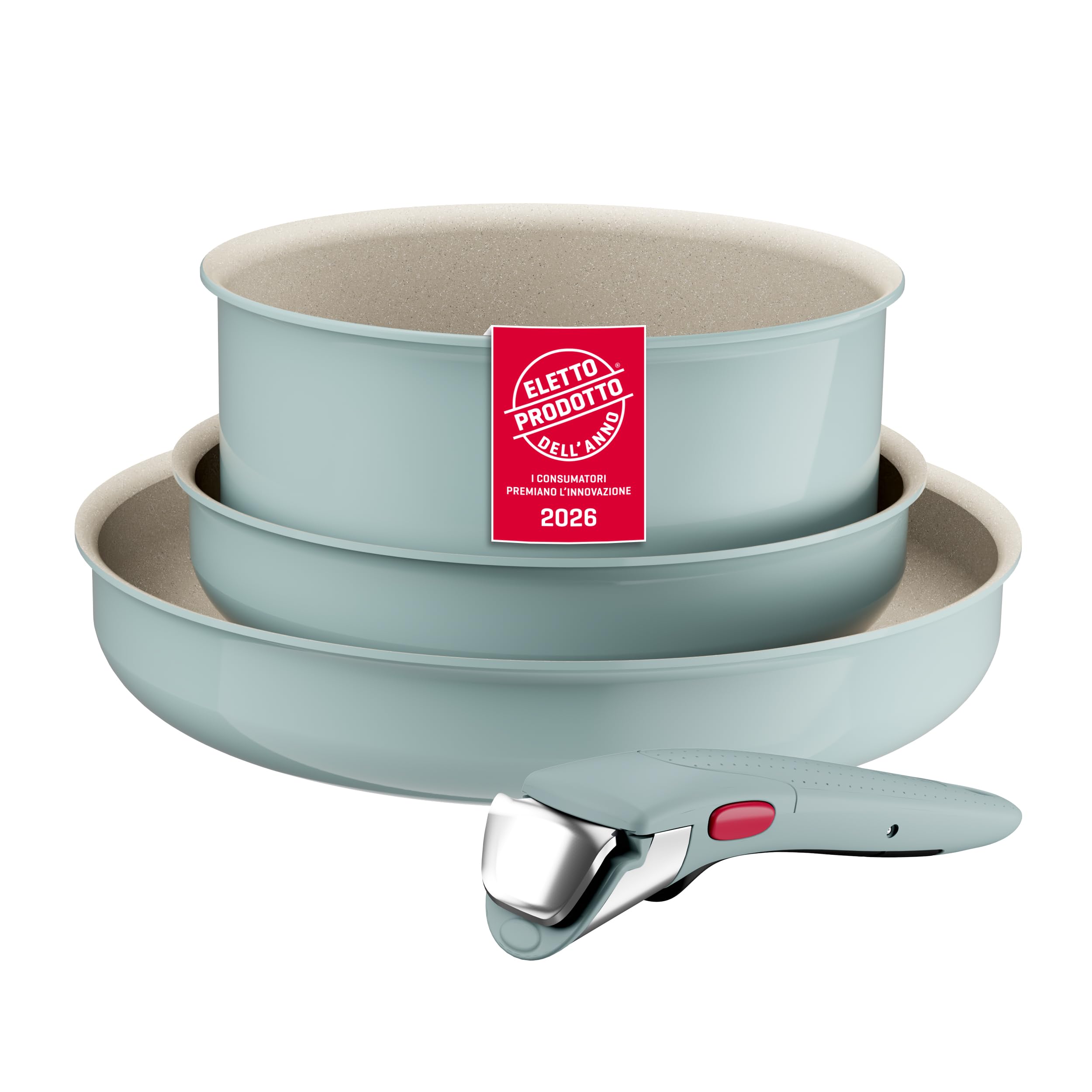 Lagostina Ingenio Pastel, Set di Padelle Antiaderenti 4 Pezzi con Manico Rimovibile, Compatibili con Induzione e Forno, Design Salvaspazio, Colore Salvia