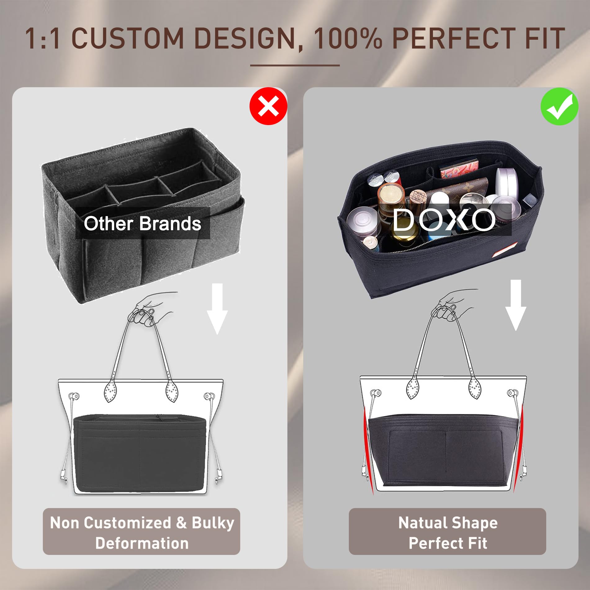 Doxo Portemonnee-organizer-inzetstuk voor handtassen en draagtassen, vilten tas, geschikt voor Speedy 35 en Neverfull MM (beige, L