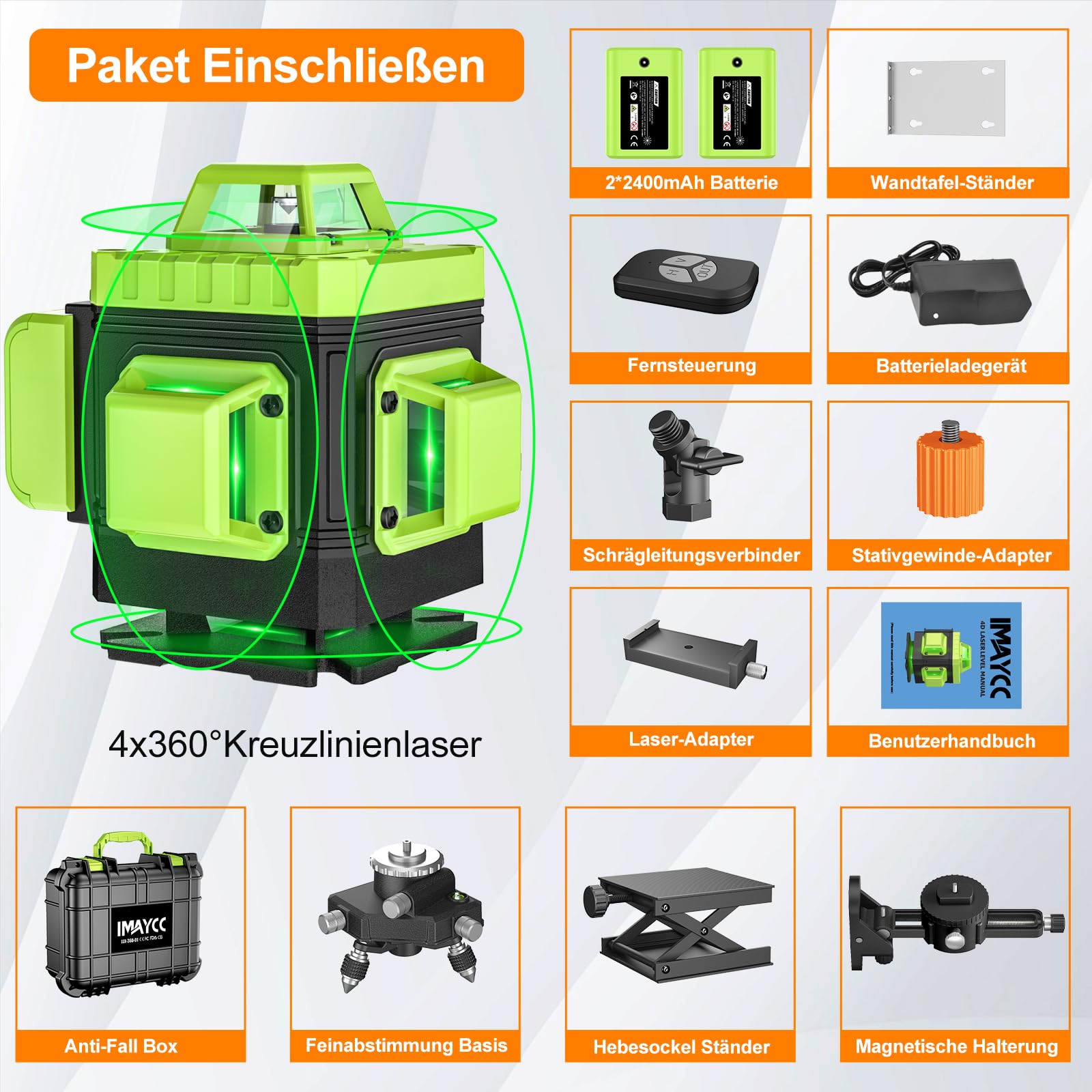 IMAYCC Livella Laser Autolivellante 16 Linee 4D X 360 Verde Luminosità Regolabile con Modalità Manuale e a Impulsi per Interni ed Esterni, 2xBatteria, Telecomando, Caricatore e Così Via