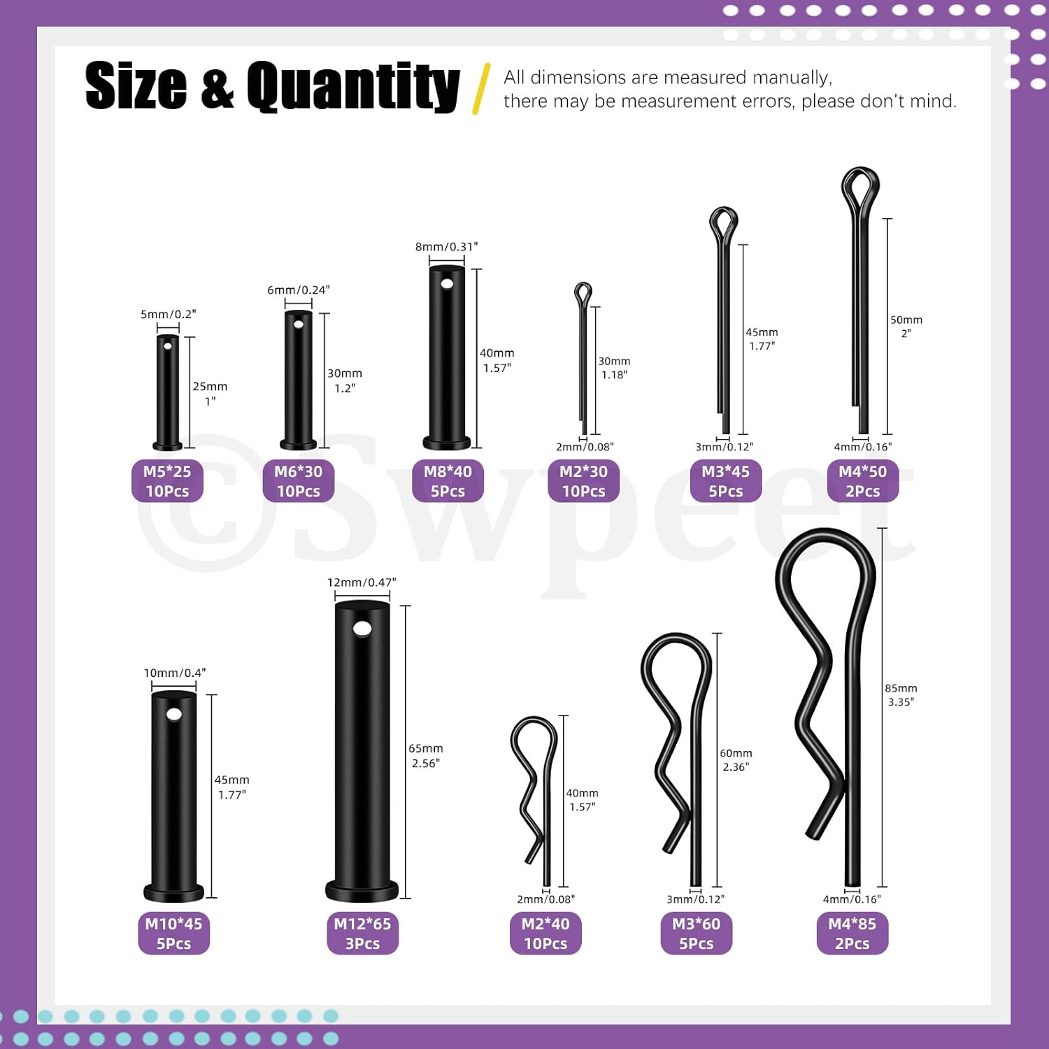 Swpeet 67Pcs 5 Sizes Clevis Pins with Cotter Pin Assortment Kit, Single Hole Flat Head Clevis Pins, R Pins, Hairpin, Cotter Pin, Split Pins Fitting Hole Location Pin Clips Fastener thumbnail