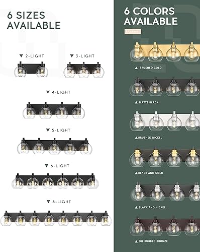 Miniatura 6 de Accesorios de iluminación de baño, luz de tocador mate negra de 2 luces, apliques de pared modernos con pantalla de globo de vidrio transparente,