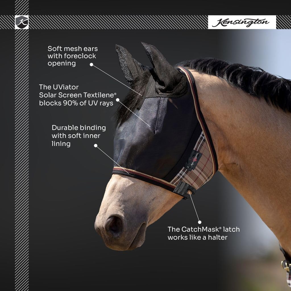 Kensington 90% UV Fly Mask Halter CatchMask UViator - with Ears & Forelock Freedom Web Trim * Roomy Fit, Size: L (Average Horse) Color: 2021-Atlantis