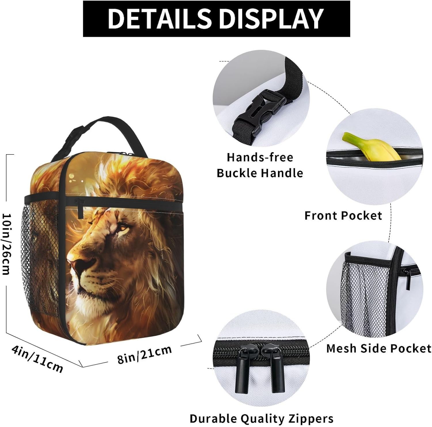 Lion Lunch Box for Women Adults Kids, Insulated Cooler Lunch Bag for Picnic, School, Office, Travel, Work, Portable Reusable Polyester Tote Thermal Lunch Bags (Majestic Lion) image 5