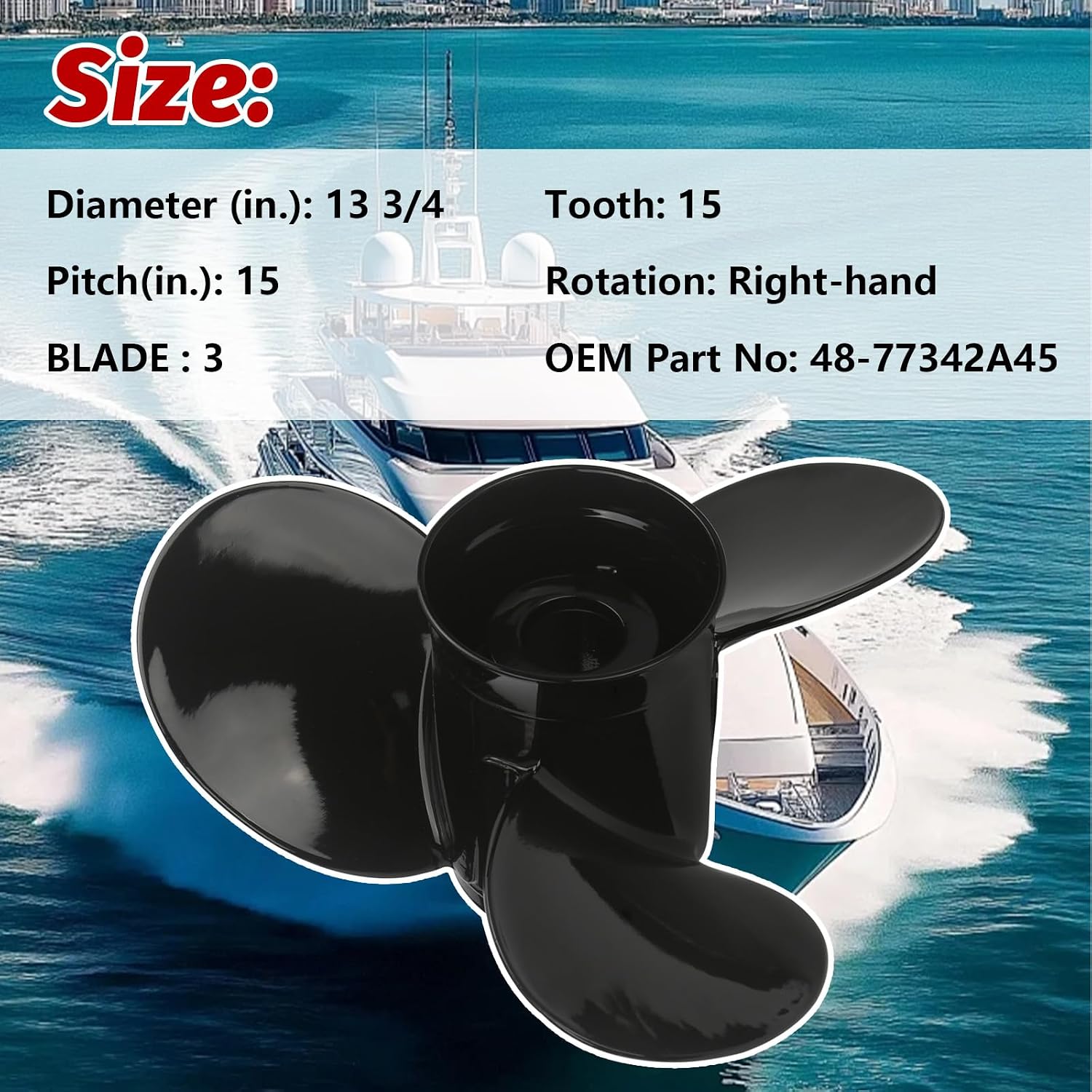 13 3/4 x 15 Outboard Boat Propeller Compatible with Mercury Black Max Boat Propeller 40-140 HP Aluminum Prop RH 15 Spline Tooth with Flo-Torq II Hub Kit 77342A45 Replace 48-77342A45