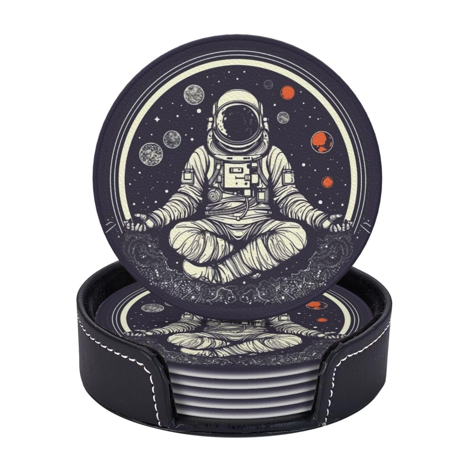 6Pcs PU Leather Coaster for Drinks, Astronaut Sitting in Yoga Chakra Cup Coasters with Holder, Aesthetic Drink Coasters for Coffee Table, Round Coaster for Tabletop Protection 4" Cup Mat Pad