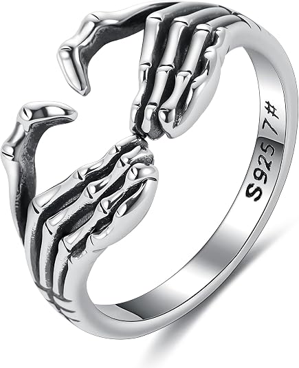 LOVECOM S925 Sterling Silver Skull Hand Rings for Women Men Gold Vintage Retro Punk Gothic Skeleton Adjustable Open Love Heart Shaped Statement Ring Rock Biker Day of The Dead Mens Jewelry Gifts