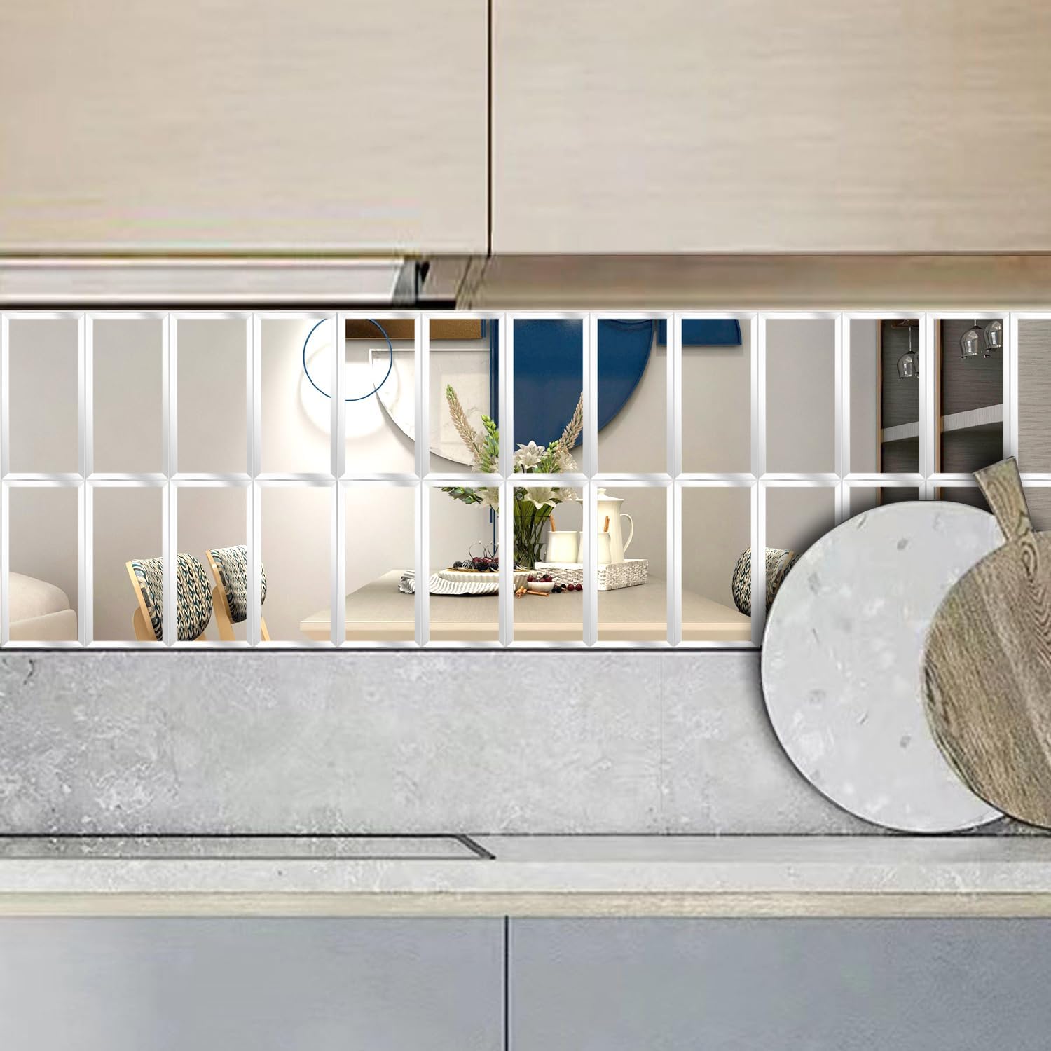 40 Pcs Peel and Stick Beveled Mirror Glass Tile.6x3 Inch Mirror Backsplash Tiles. Cute Mirror Strip Tile for Kitchen, Bathroom Wall. 40 Pcs