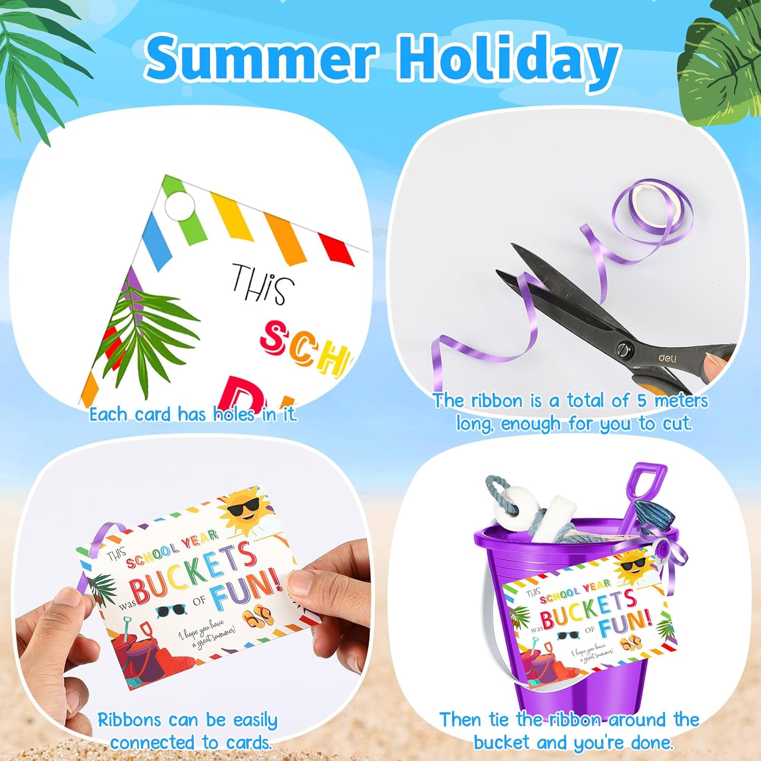 Gemscream 12 Sets End of Year Student Gifts 5'' Sand Bucket with Beach Pails Postcards Ribbons for Summer Vacation Plastic Buckets Fun Water Bucket Summer Party Accessory for Pool Outdoor, 6 Colors