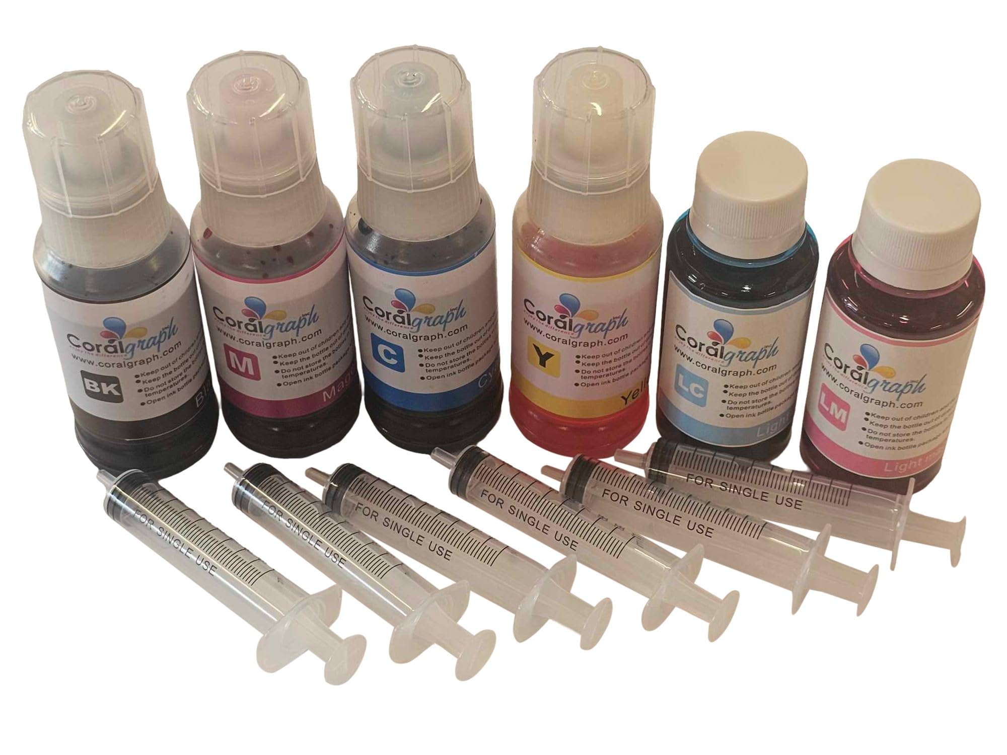 Coralgraph 6 Colour Ink Bottle Dye Based Ink Set For Inkjet Printers CISS and Refillable Cartridges - Cyan, Magenta, Yellow, Black, Light Magenta & Light Cyan