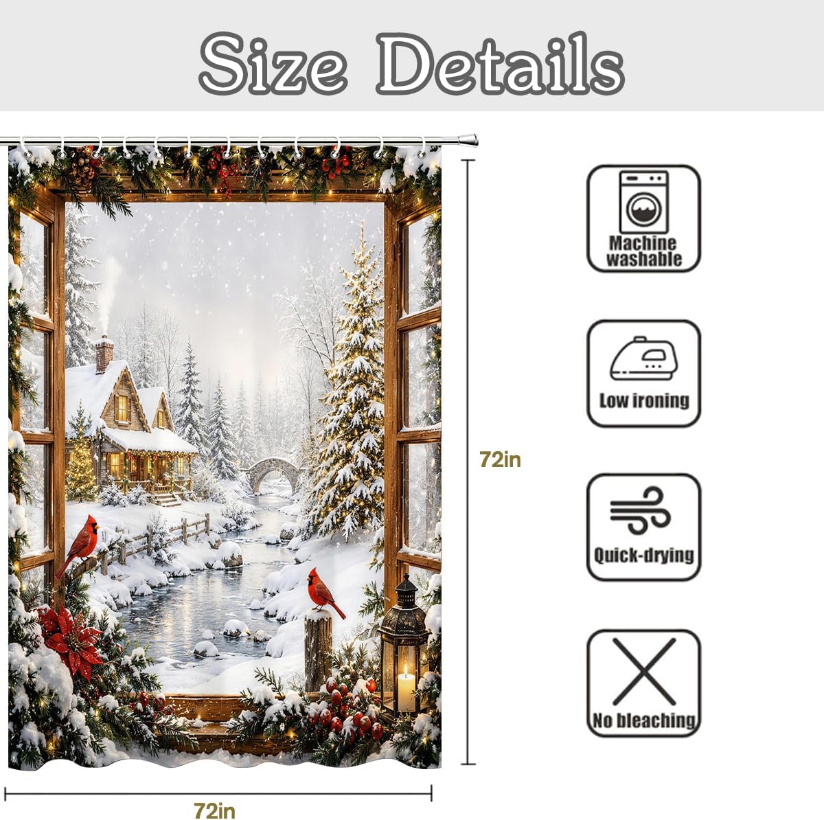 Christmas Winter Snow Scene Shower Curtain with Cardinals Shower Curtains Sets with 12 Hooks 72x72 Inch