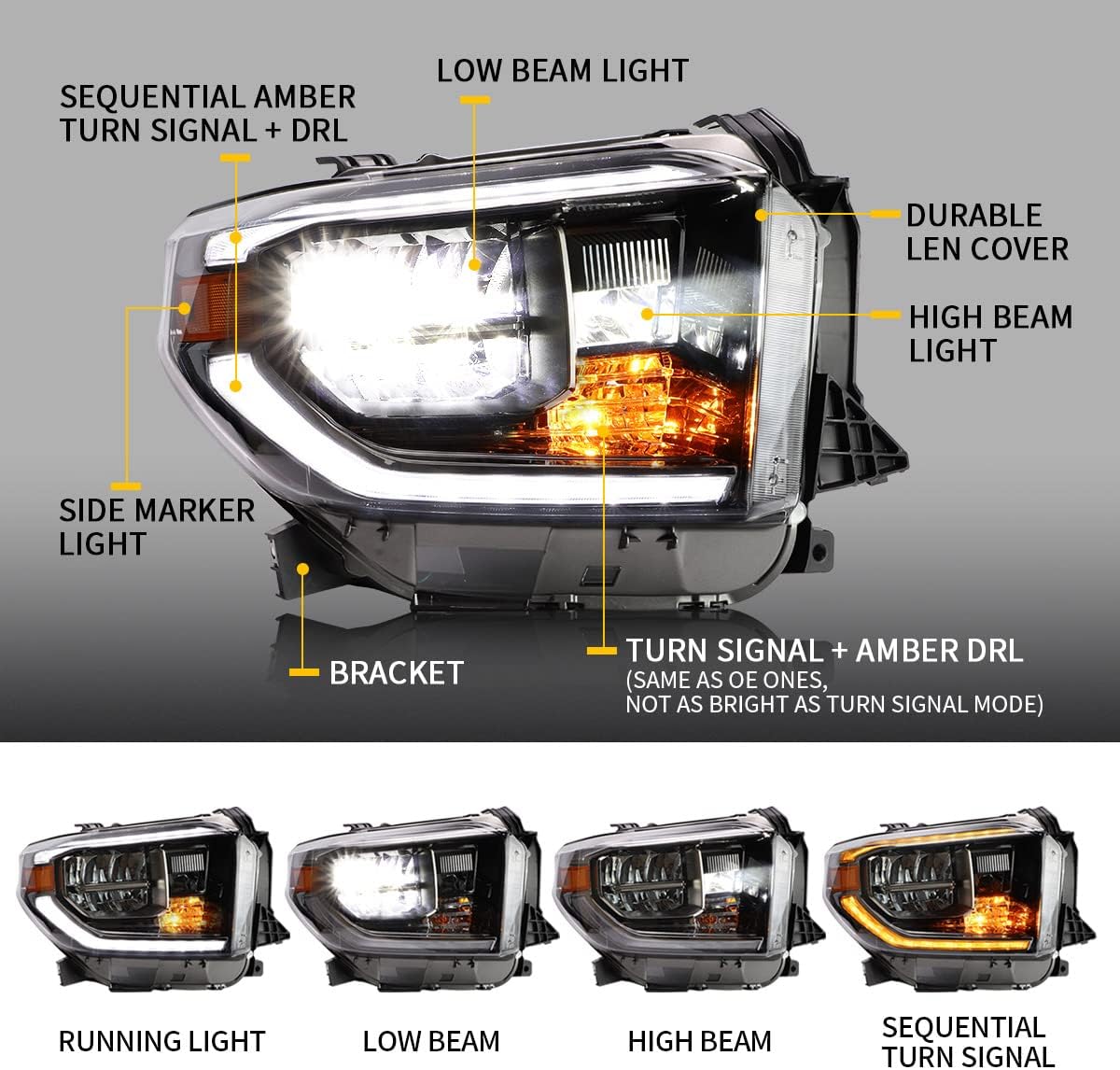VLAND LED Headlights Compatible for Toyota Tundra Pickup 2014 2015 2016 2017 2018 2019 2020 2021 with Sequential Turn Signals Fiber Optic DRLs YAA-TDR-2045, Chorme