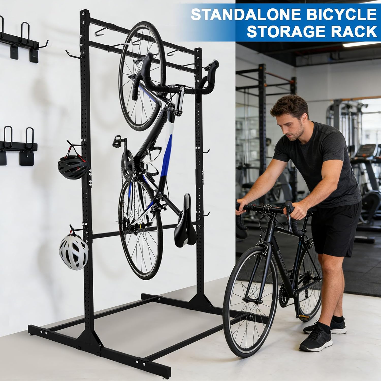 Vertical Bike Storage Rack with Adjustable Hooks Indoor Organizer Holds Up To 6 Bikes & 6 Helmets Heavy Duty Bikes Floor Stand for Garage Basement Bicycles Repair Shop