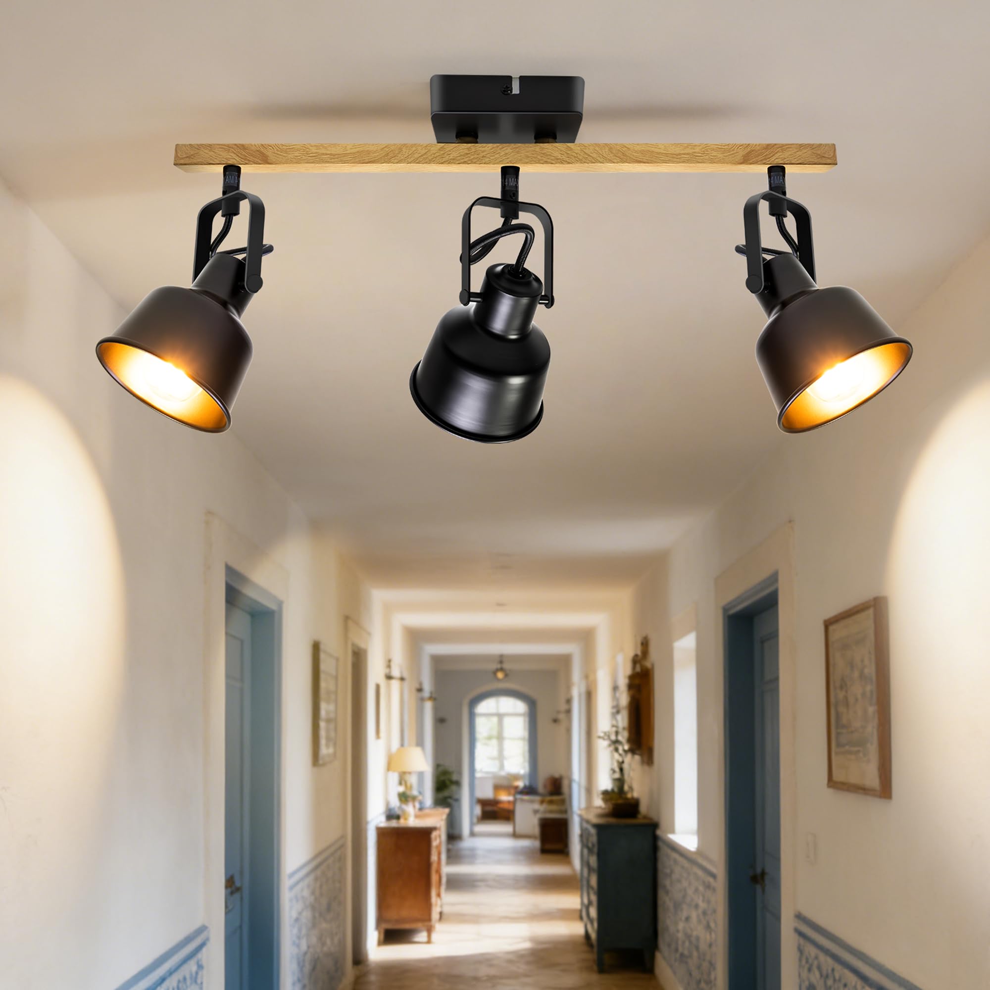 Deckenstrahler 3 Flammig Schwenkbar 350° LED Deckenleuchte E14 Fassung Industrial Holzmaserung Schwarz