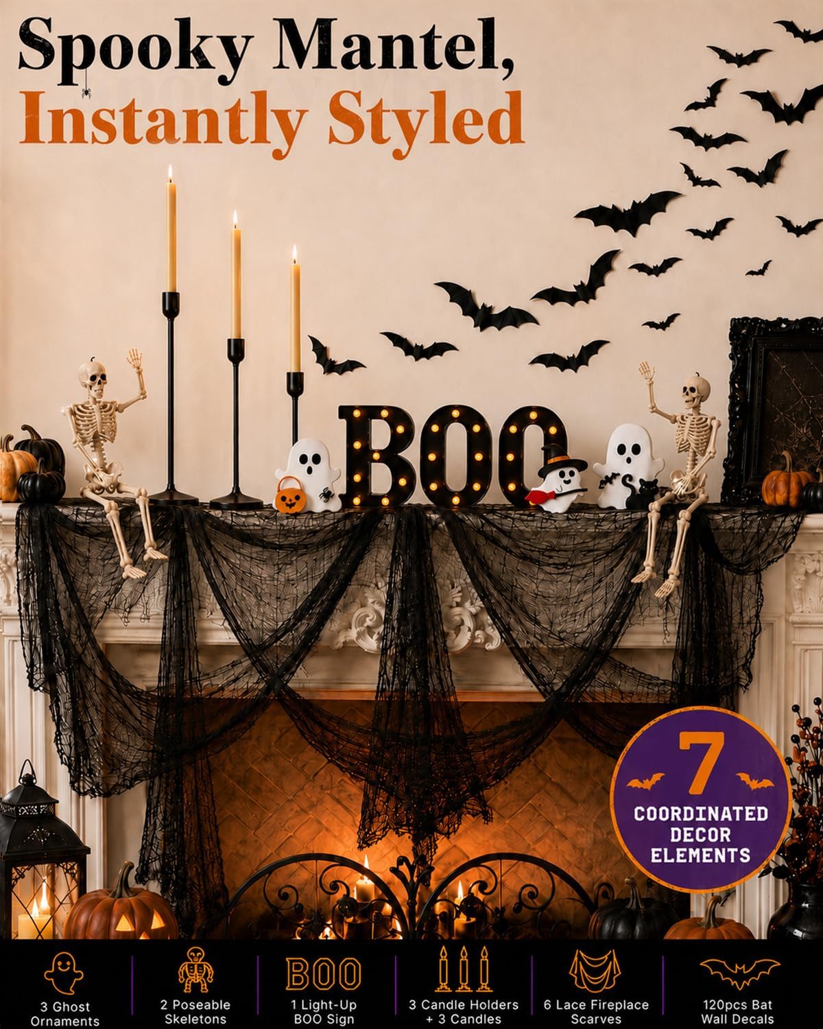 138PCS Halloween Mantel Decor Set, Boo Letters, Ghosts, Gothic Wall Decor
