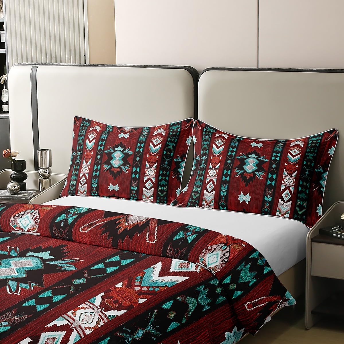 Loussiesd Rot Südwesten 100% Baumwolle Bettwäsche Set 135x200cm Geometrisch Bettwäsche Dekor Tribal Exotic Style Native American Indian Design Bettbezug Set Streifen Linie Bettwäsche-Set