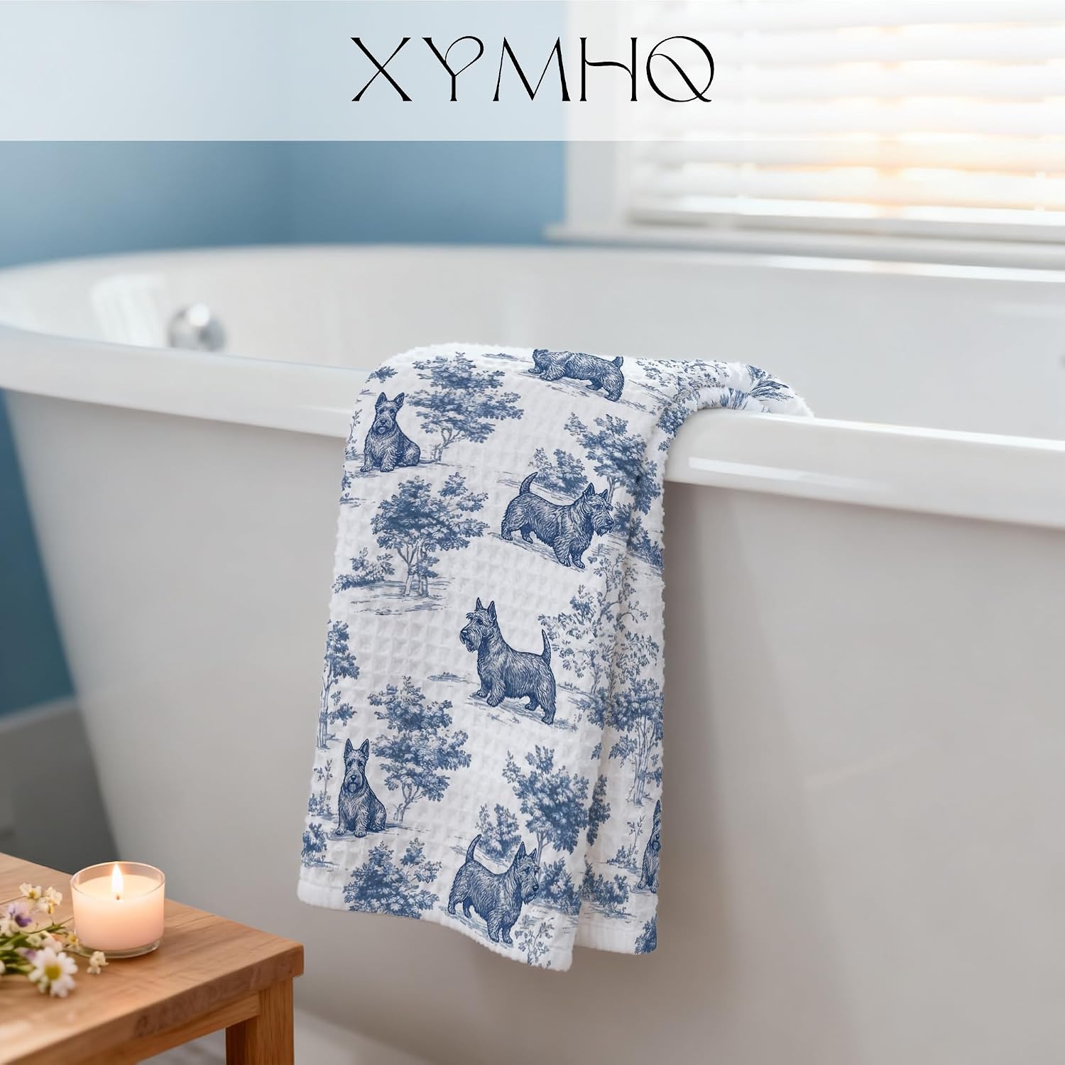 Blue and White Chinoiserie Scottish Terrier Gift Hand Towels for Bathroom Kitchen,Scottish Terrier Gifts for Women, Vintage Toile De Jouy Dog Kitchen Dish Tea Towels, 16X24 Inch