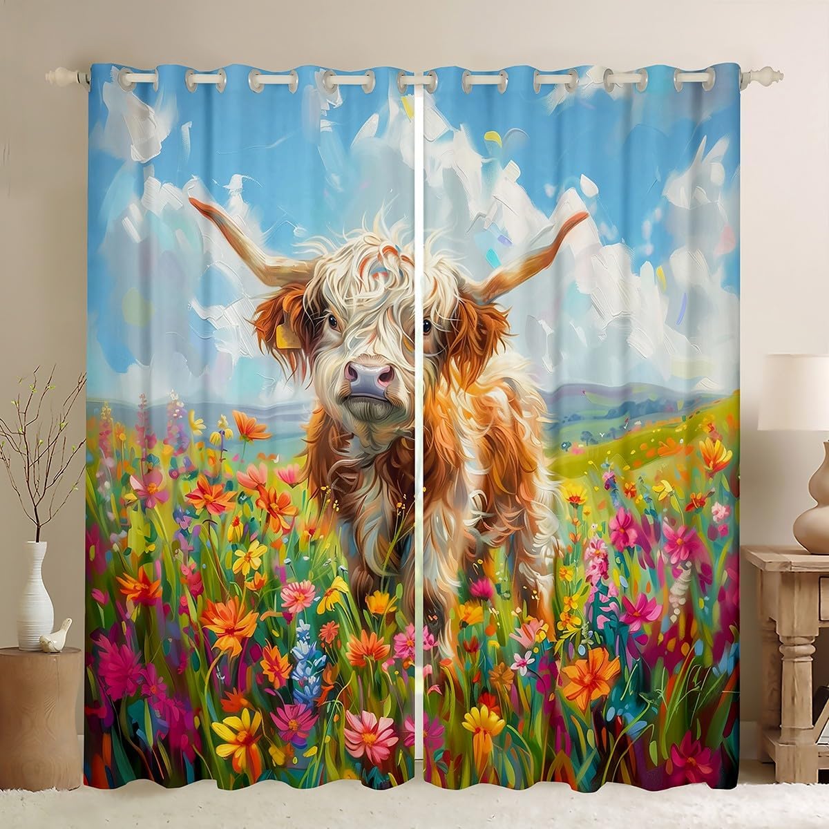 Manfei Rustic Cow Curtains for Living Room,Western Farmhouse Highland Cattle Window Drapes Blackout 30%-50%,Watercolor Blooming Flowers Spring Floral Window Treatment 2 Panels,38Wx45L