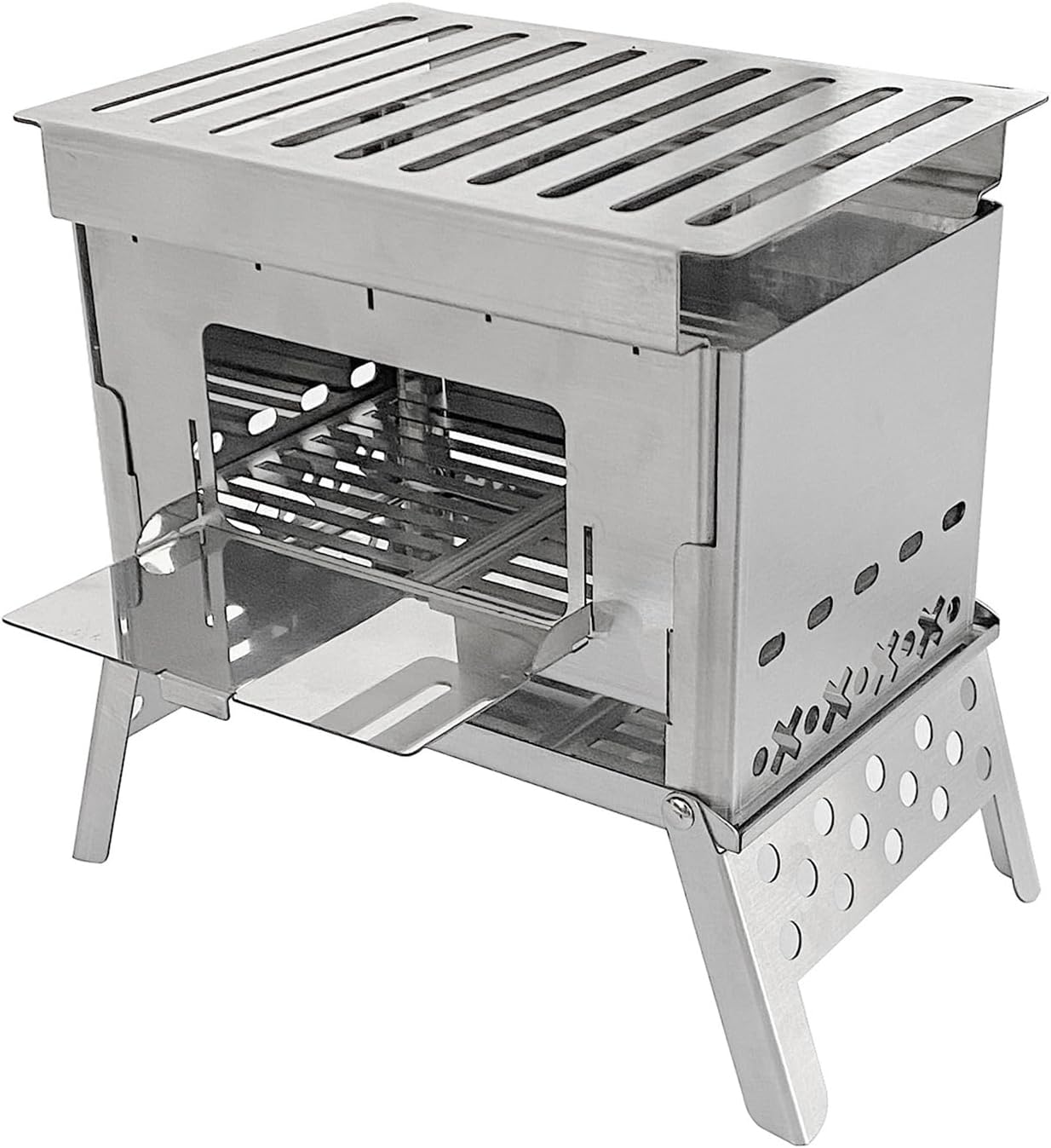Alomejor Tent Stove, Foldable Stainless Steel BBQ Grill with 3 Cooking Modes, Compact Picnic Stove for Camping and Outdoors (21 * 13 * 19cm)