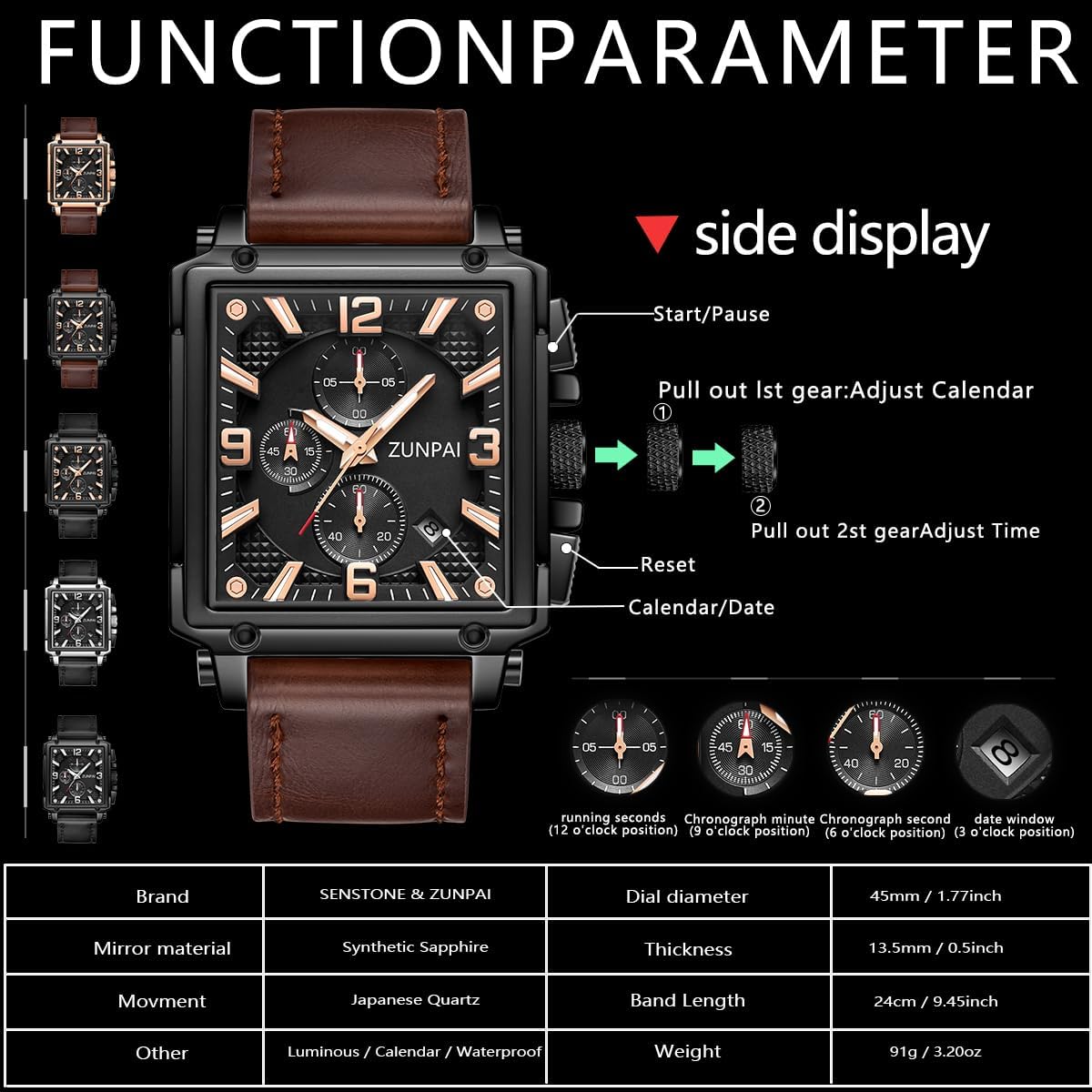 senstone Men's Square Chronograph Quartz Watch Waterproof Luminous Wristwatch with Date Calendar, Leather Strap Stylish Casual Dress Watch for Men - Image 4