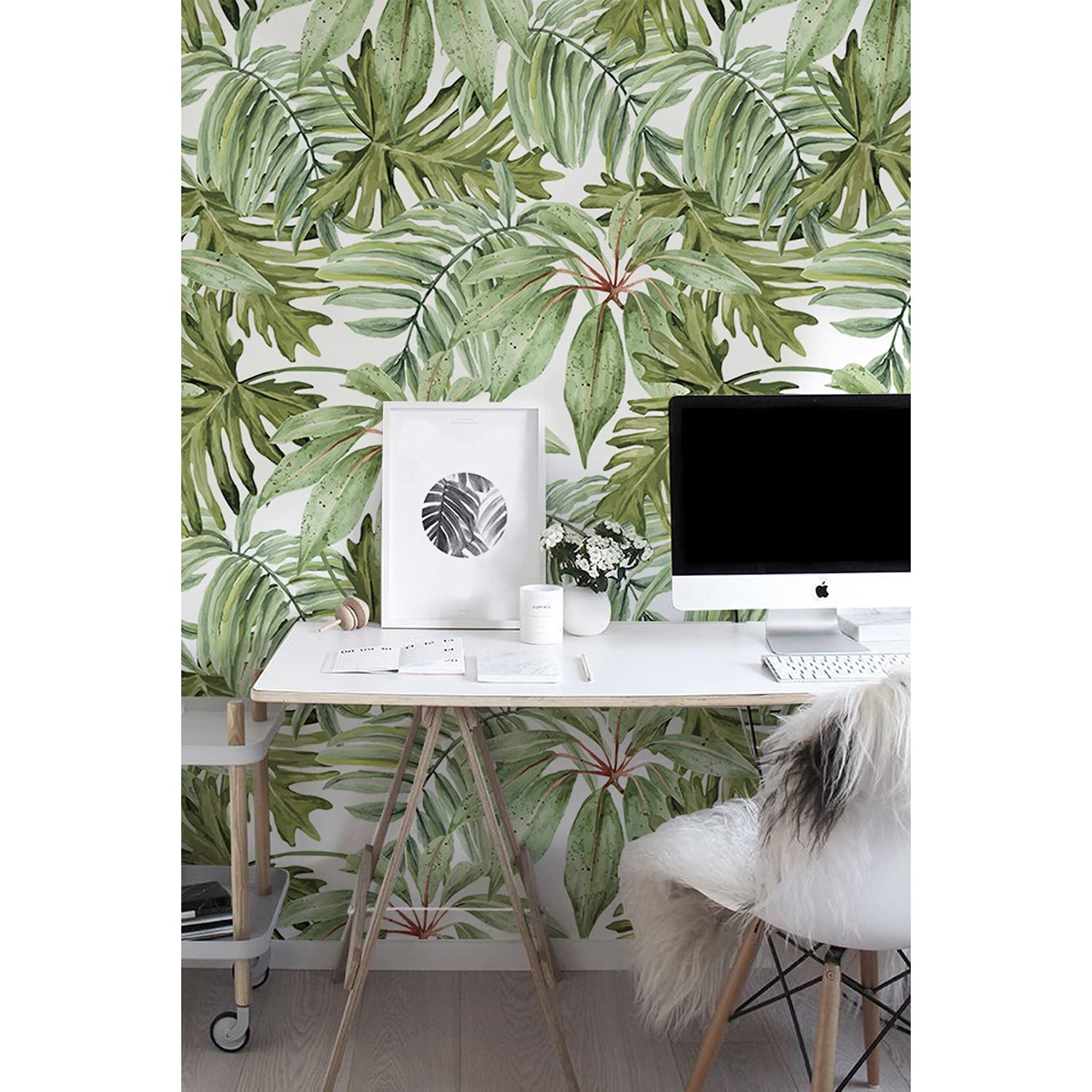 Papier peint feuilles tropicales brillant 250x104cm décor meuble et revêtement mural latex