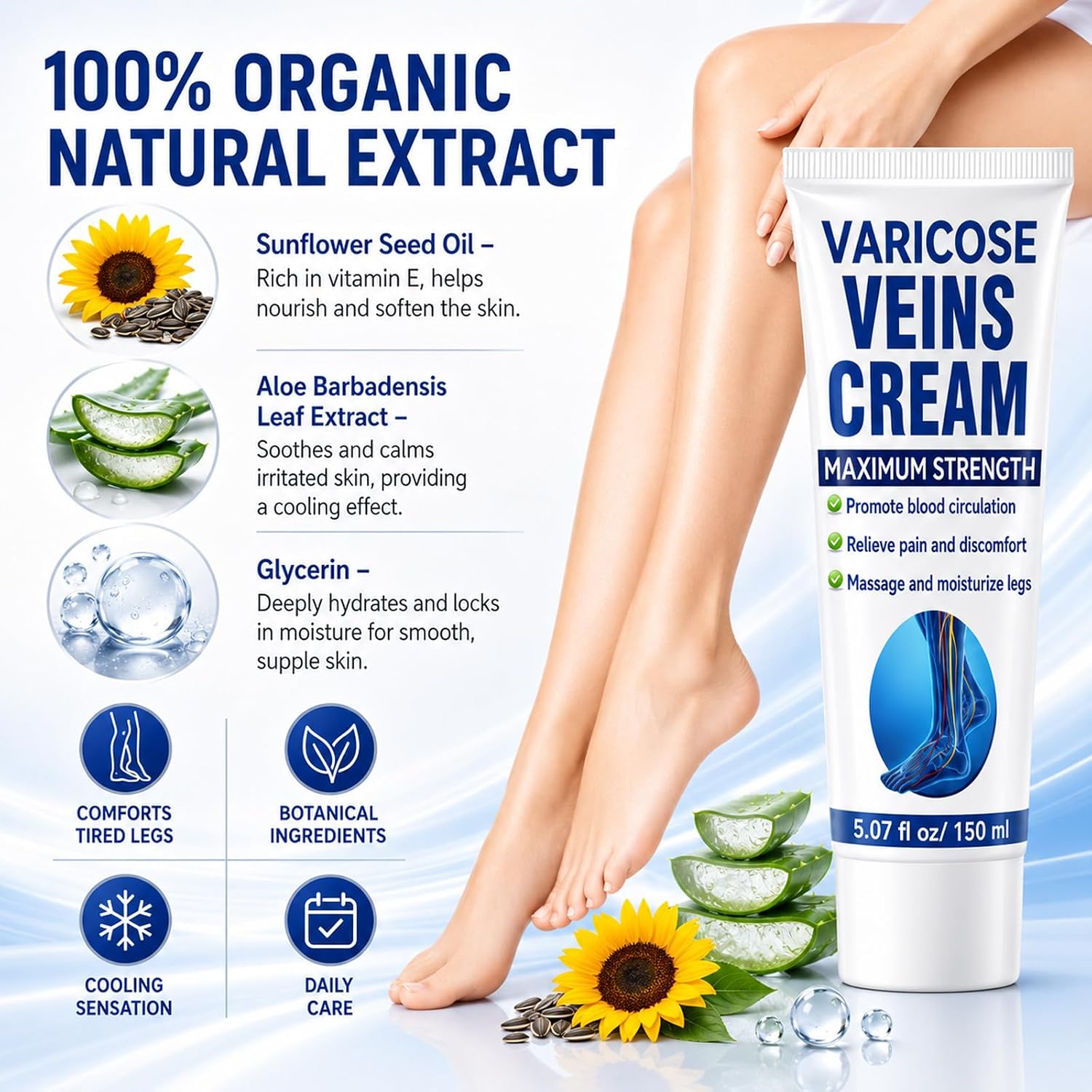 Varicose Veins Cream for Legs, Moisturizing Leg Cream for Spider Veins, Cooling and Fast-Absorbing Formula for Tired, Heavy-Looking Legs, Daily Leg Care for Men and Women, 5.07 fl oz (150 ml) thumbnail