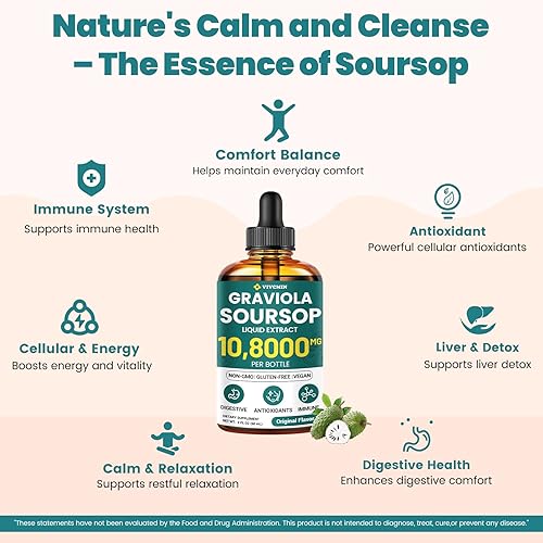 Vista 6 de Graviola - Extracto líquido de hoja de guanábana – Líquido amargo de guanábana, ayuda a la inmunidad, relajación, hígado y sueño Sin OMG, sin