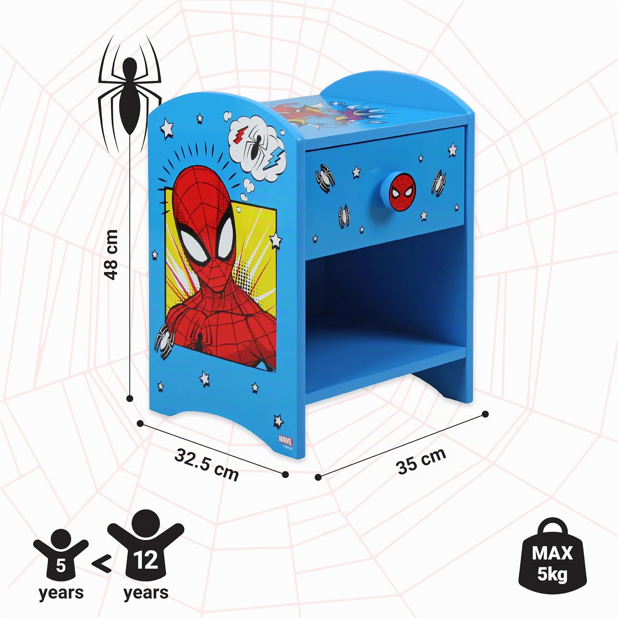 Spider-Man Nachttisch, stabile Holzwerkstoff-Konstruktion mit 2-stöckigem Design für reichlich Stauraum, kleiner Beistelltisch mit Schublade und Ablagefach für Kinderzimmer