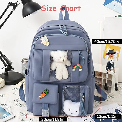 Miniatura 6 de Juego de 5 mochilas kawaii para niñas con bonitos accesorios de oso, suministros escolares, bolsas para bolígrafos, bolsa de hombro, azul (03-Blue),