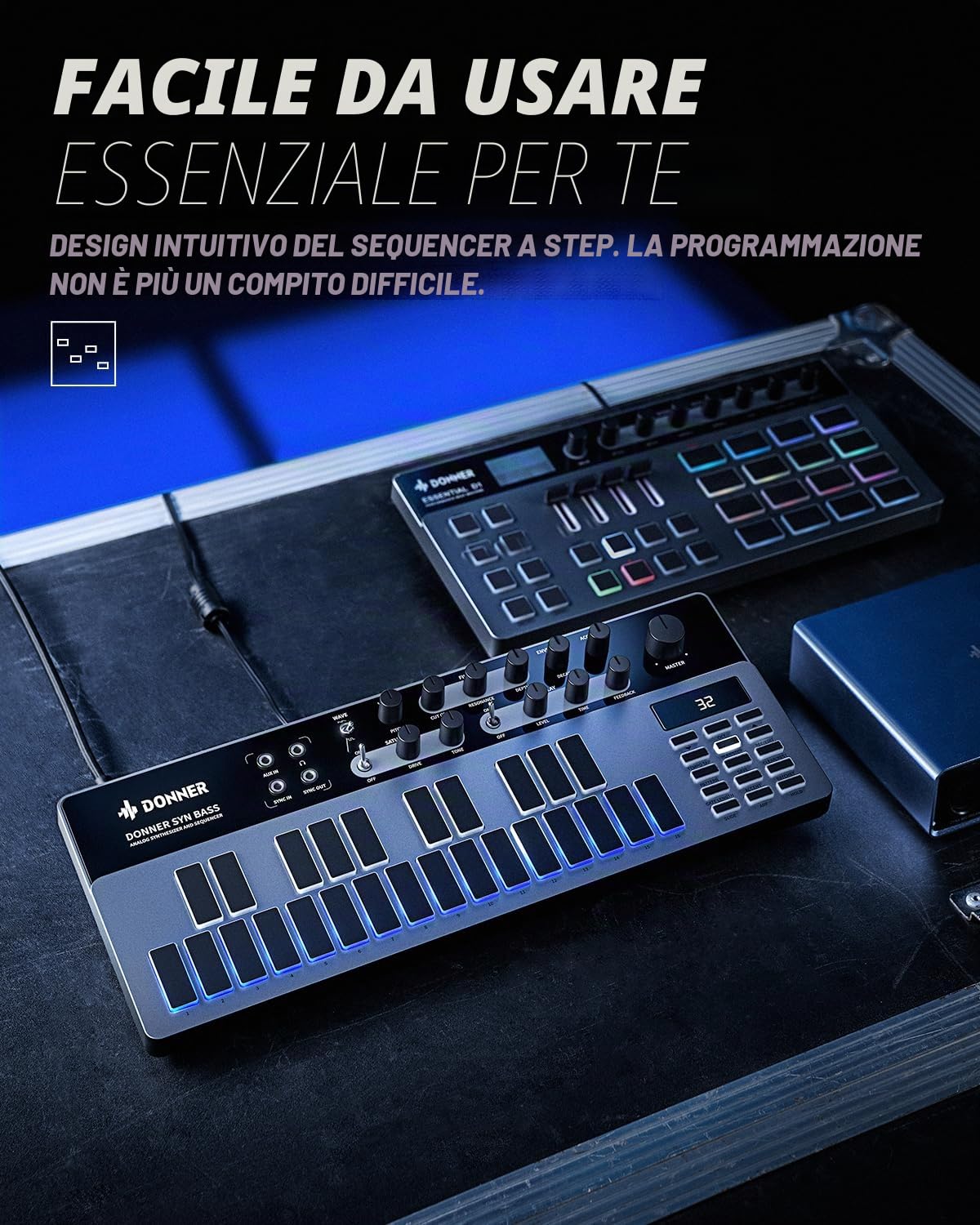 Donner Essential B1 - Sintetizzatore e sequenziatore di bassi analogici, con interfaccia utente intuitiva, 128 modelli di memoria, saturazione e effetti di ritardo, per un suono acido classico