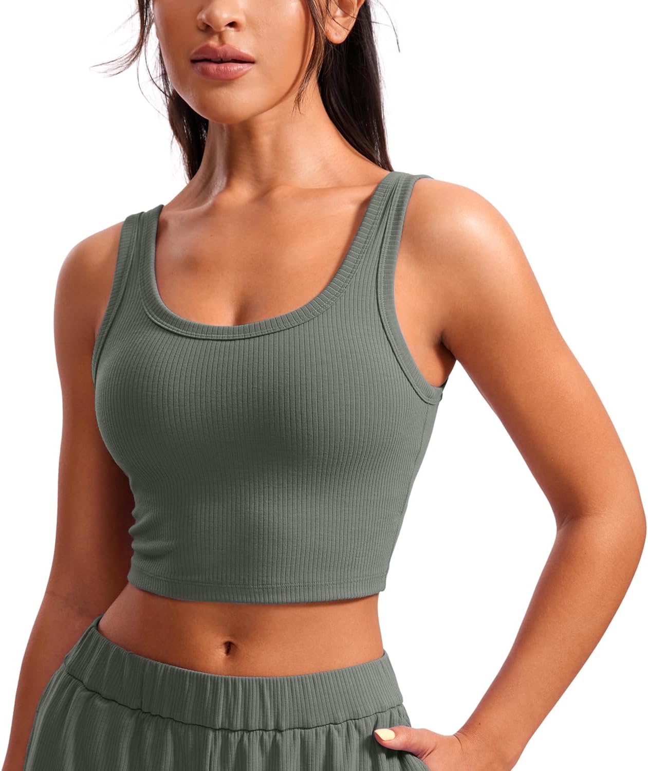 CRZ YOGA Ribbed Scoop Neck Crop Tank Tops for Women - Padded Longline Sports Bras Yoga Workout Cami
