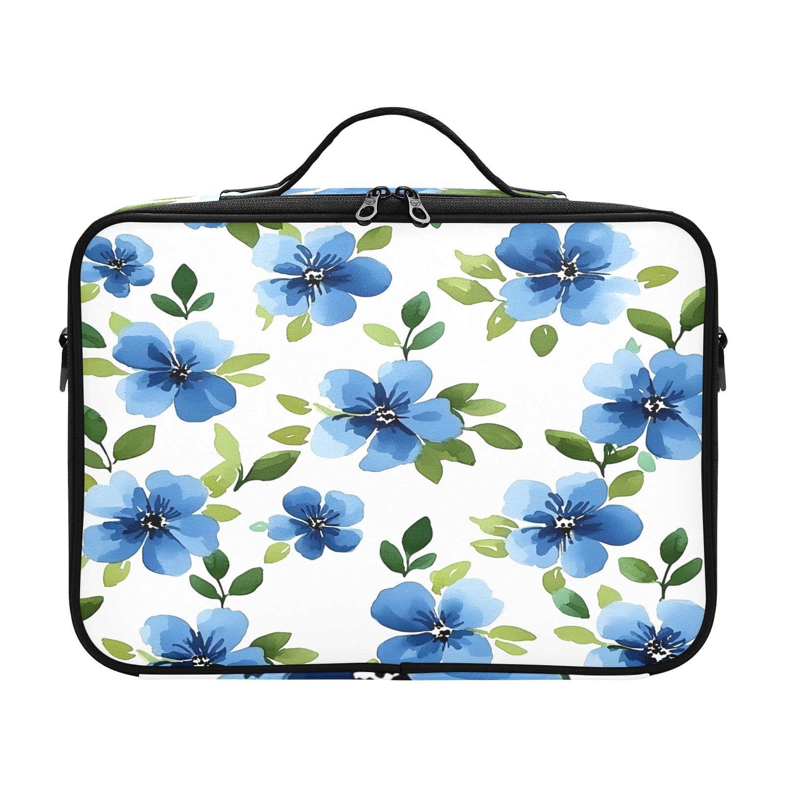 zyrtty Travel Makeup Train Case Blue Flower Plants Green Pattern Cosmetic Organizer Portable Storage Bag with Adjustable Dividers for Cosmetics Brushes Toiletry Jewelry Digital Accessories