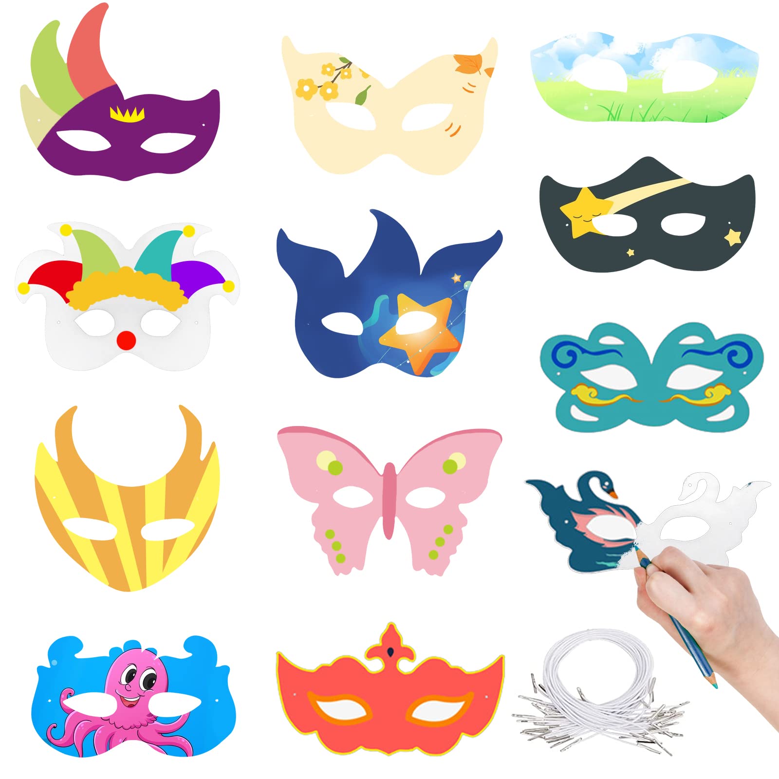 Colour-In Masks for Kids - 12 Pack DIY Graffiti Blank Paper Masks to Decorate, Colour Your Own for Cosplay, Dress Up, Birthday Party (Multi Style)