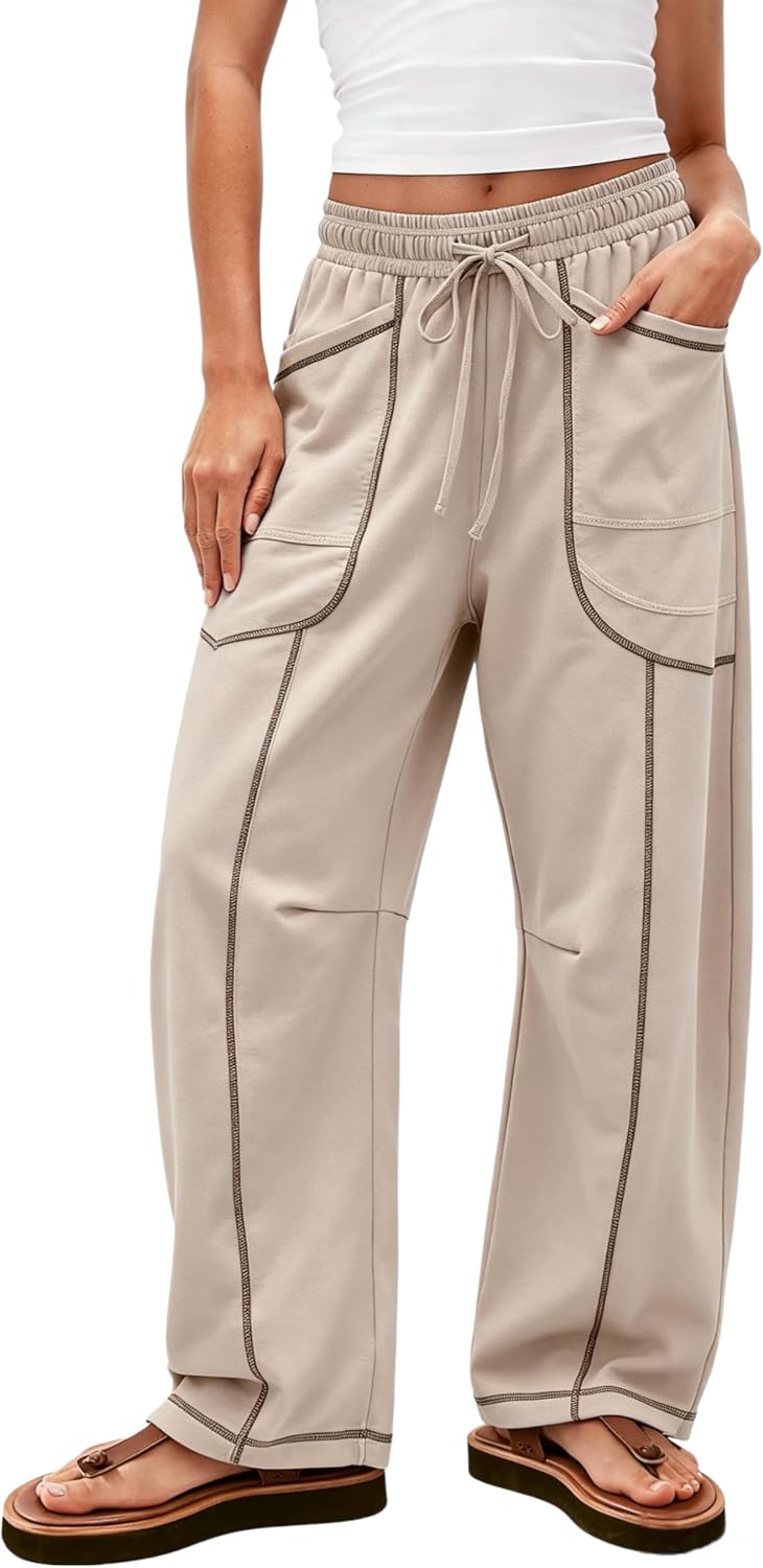 Womens Casual Barrel Pants Baggy Wide Leg Lounge Drawstring Elastic Waist Sweatpants Trousers with Pockets