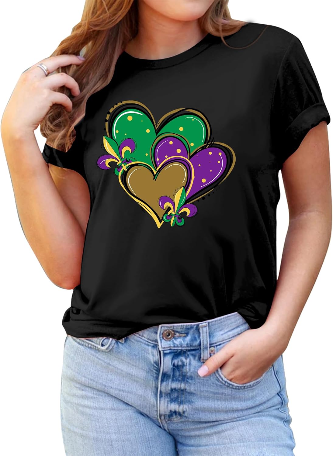 MAIHUN Happy Mardi Gras Shirt Womens Mardi Gras Day Heart Tshirt Tuesday Carnival Tee New Orleans Party Short Sleeve - Image 2