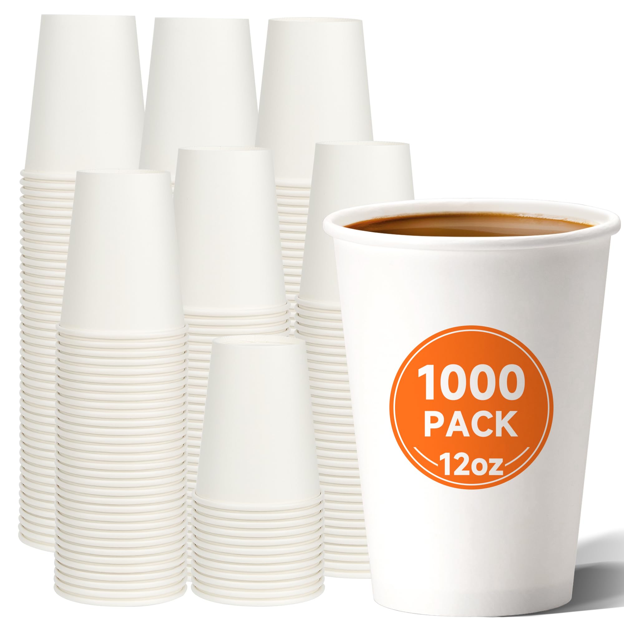 12 oz Disposable Paper Coffee Cups [1000 Pack], White Hot Paper Cups, Thickened Design for Bistros, Parties, and Events