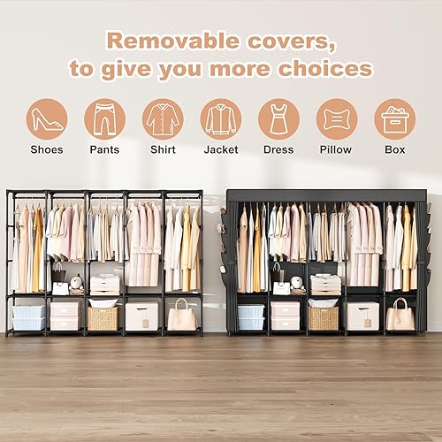 Miniatura 5 de Armario portátil de almacenamiento, armario portátil organizador de clóset con estante para ropa con cubierta, barra colgante, estantes de