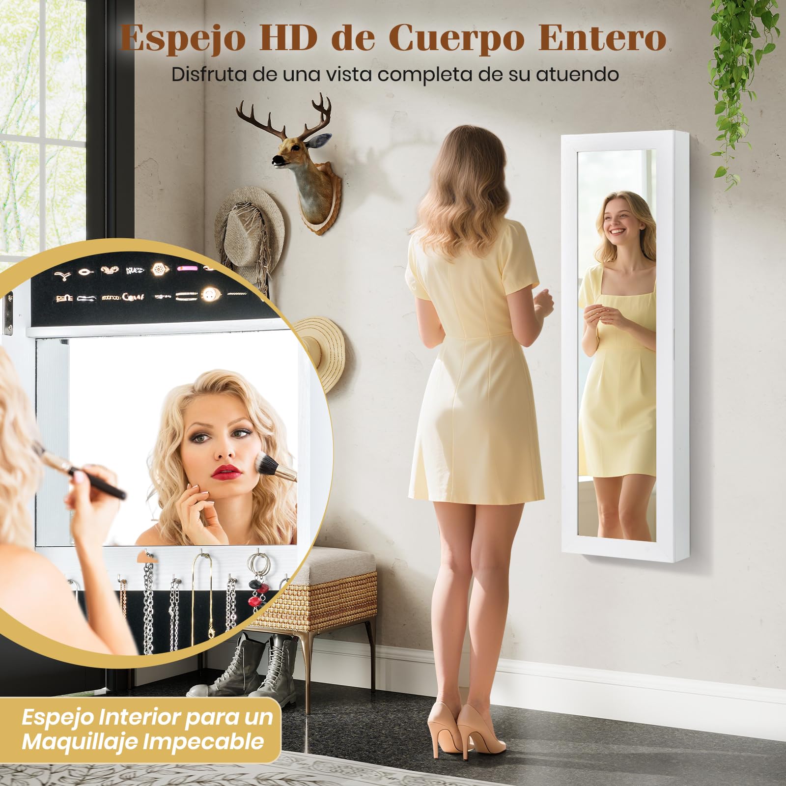 COSTWAY Armario Joyas Espejo Puerta Organizador Cuerpo Entero Maquillaje Incorporado Ganchos 3 Estantes Almacenamiento Blanco