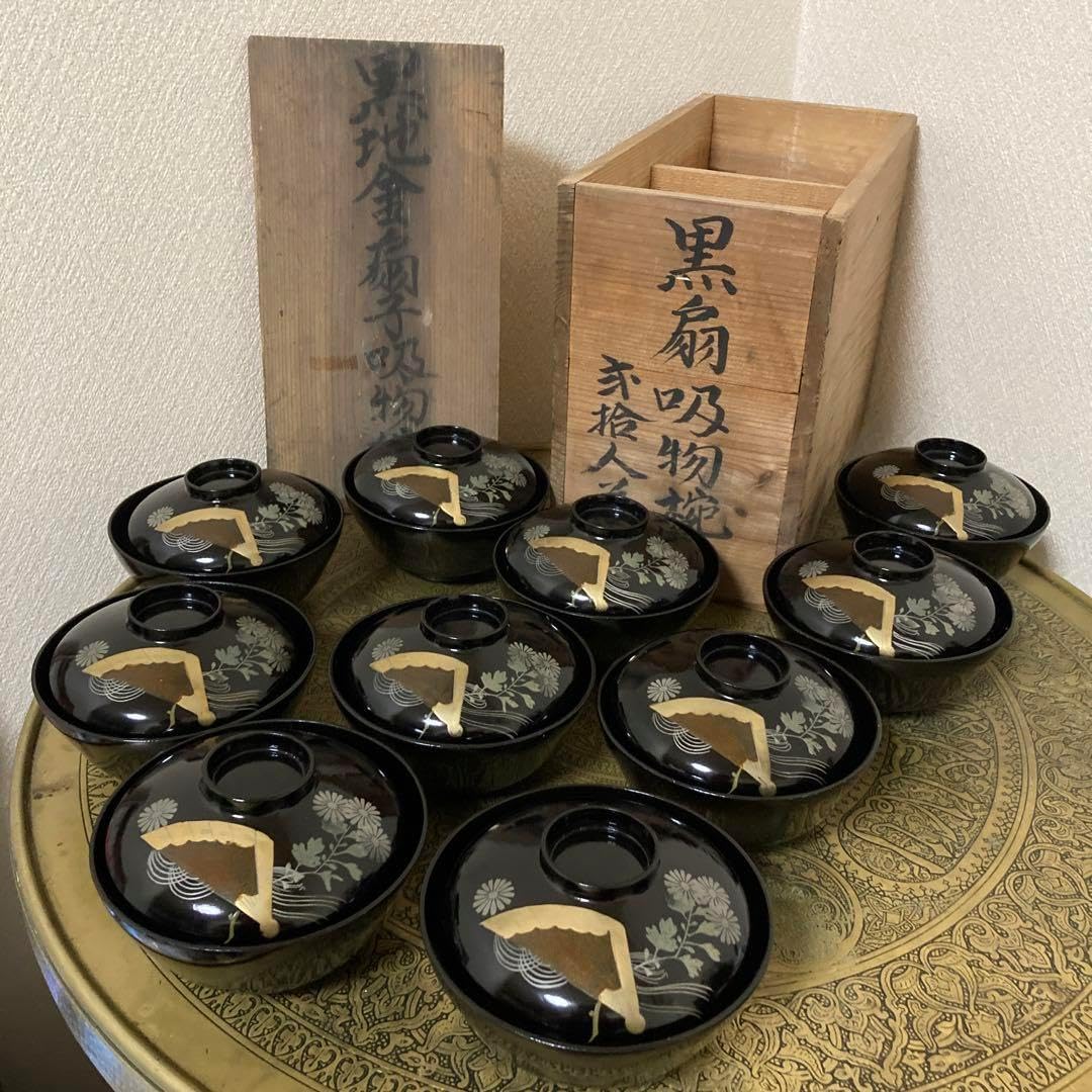 時代黒漆金扇子吸物椀10客金蒔絵明治汁物椀手造り〈検