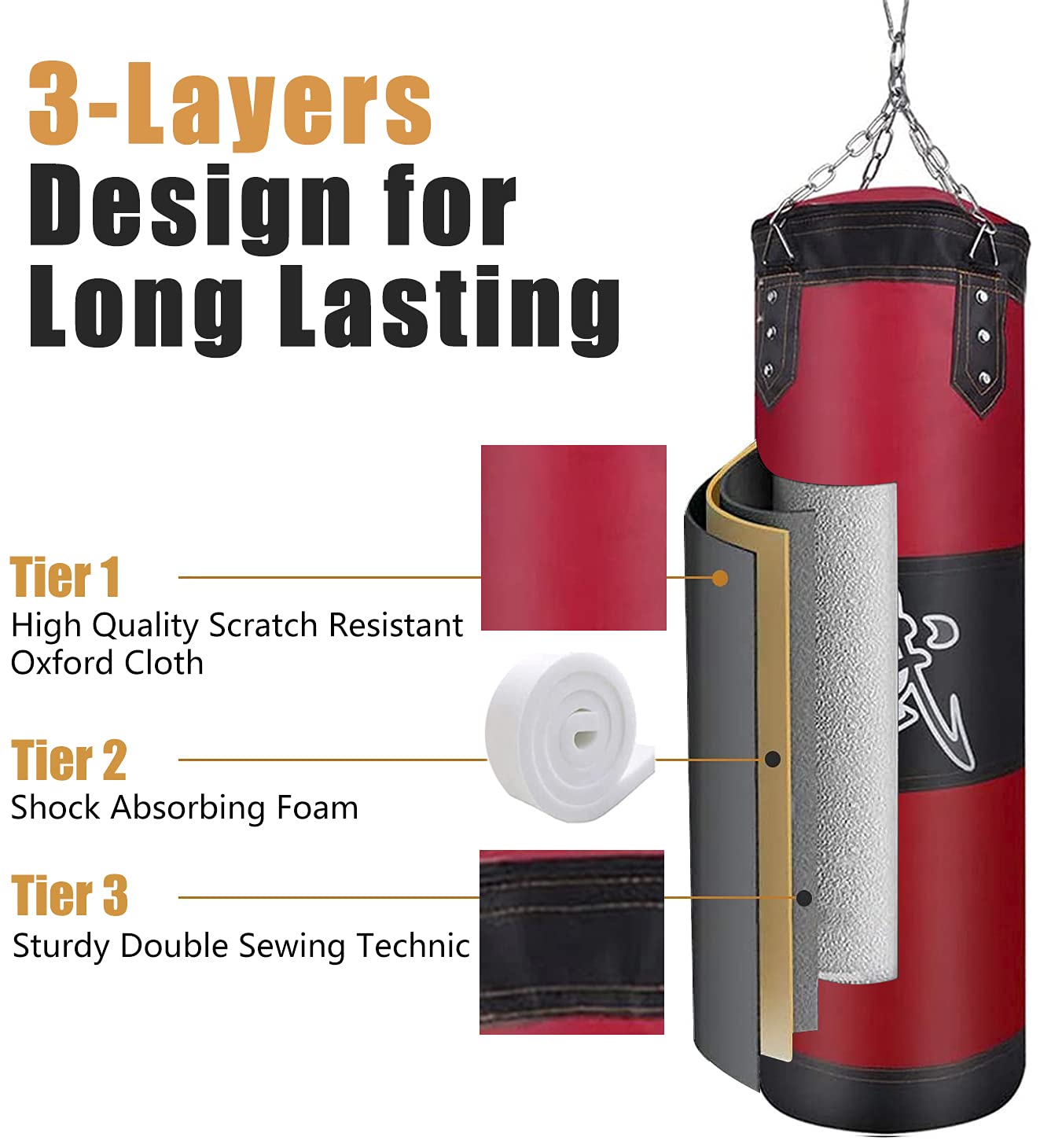 Sacco da boxe pesante per adulti, ragazzi, bambini, per interni e giardino, set di sacco da boxe vuoto, con guanti, fascia, catena, gancio da soffitto per MMA, kickboxing, muay thai, karate,