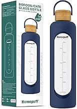Homepuff Borosilicate Glass Water Bottle With Silicone Cover Sleeve (1000ml) | Airtight, Leak-Proof Bamboo Lid, BPA-Free, Eco-Friendly, Reusable Bottle for Fridge, Gym, Travel, Office, Home (Blue)