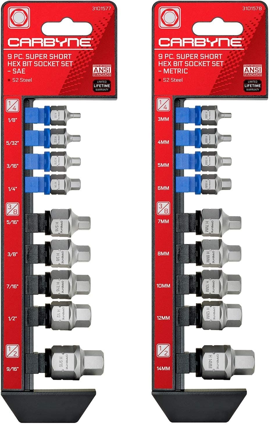 CARBYNE 2 Super Short Bit Socket Sets - 9 Piece SAE Hex AND 9 Piece Metric Hex - - 