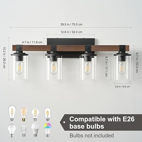 Miniatura 3 de Lámparas de tocador de baño, 4 luces, luces de madera rústicas de baño sobre espejo con pantalla de vidrio transparente, aplique de pared industrial